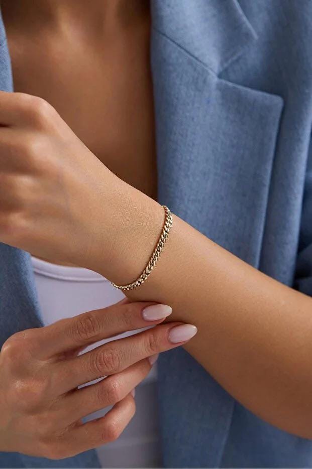 14K Gold Cuban Link Bracelet, Cuban Link Chain Bracelet, 3mm 5mm Curb Link Bracelet, Stacking Gold Bracelet, Men Women Bracelet, Holiday