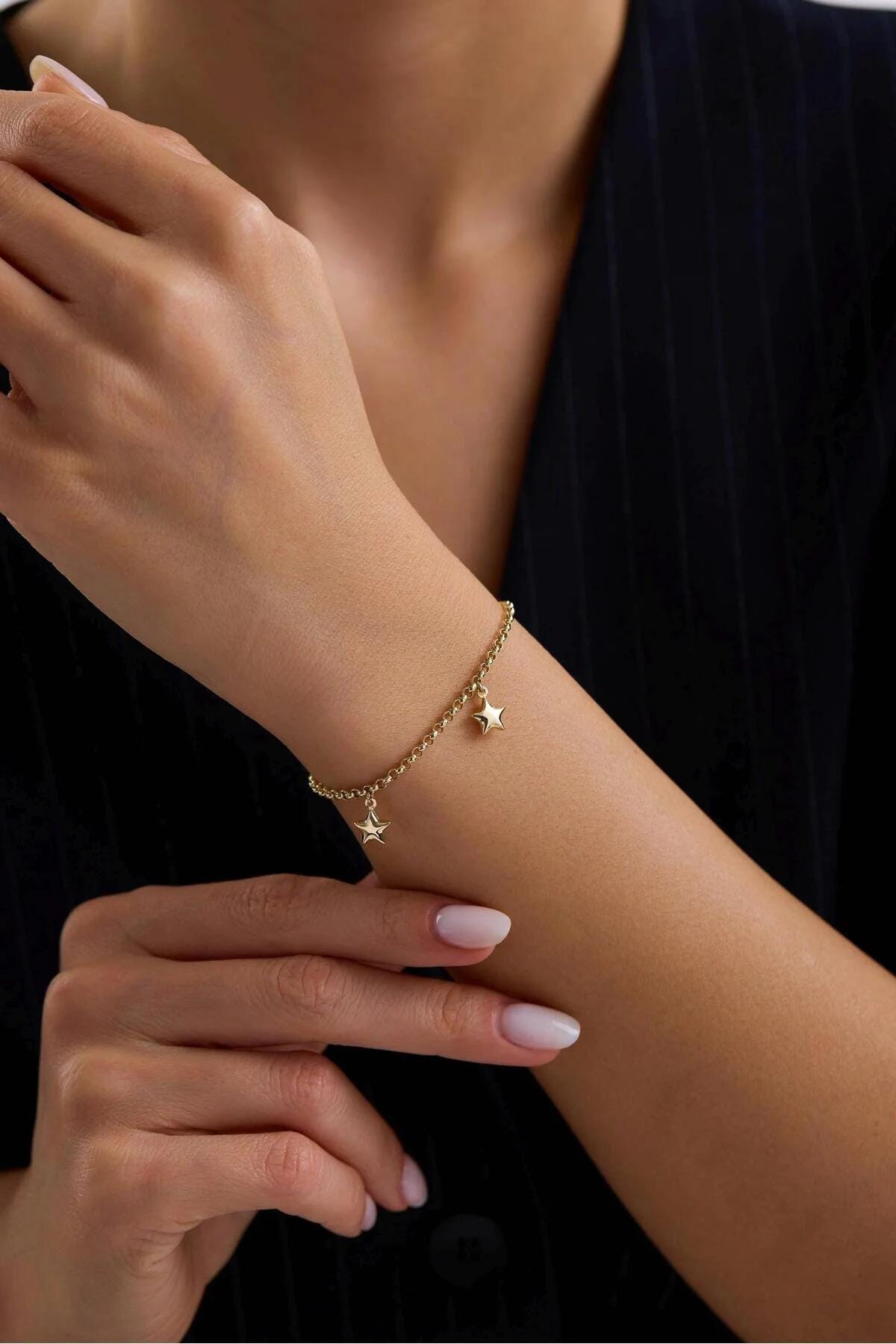 14K Gold 3mm Rolo Chain Bracelet, Gold Star Charm Bracelet, Star Link Bracelet, Love Bracelet, 3D Star Jewelry, Gift for Her