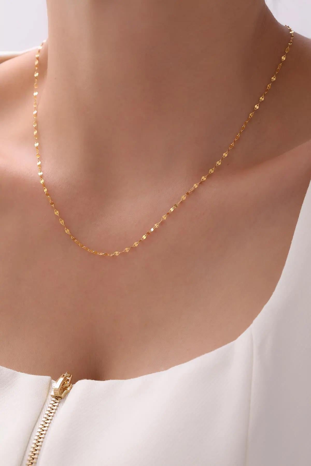 14K Gold Sequin Necklace, Sparkle Chain Necklace, 2mm 3mm 4mm Gold Glitter Necklace, Mirror Faceted Chain Necklace, Thin Chain Necklace