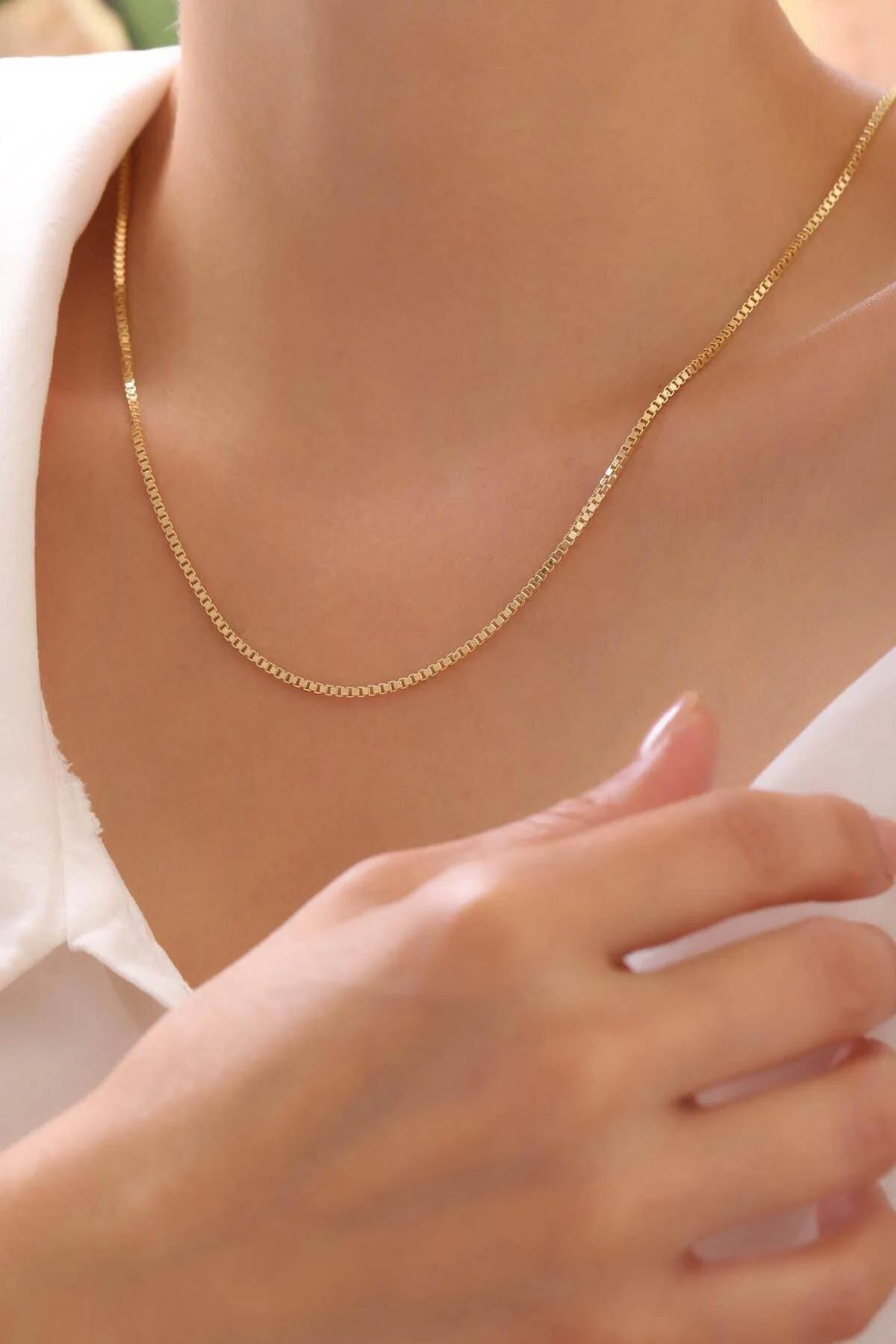 14K Gold Box Chain Necklace, 2.5mm Dainty Gold Chain, Minimalist Fine Jewelry, Unisex Chain 16 18 20 22 24 Inch, Yellow White Rose Gold
