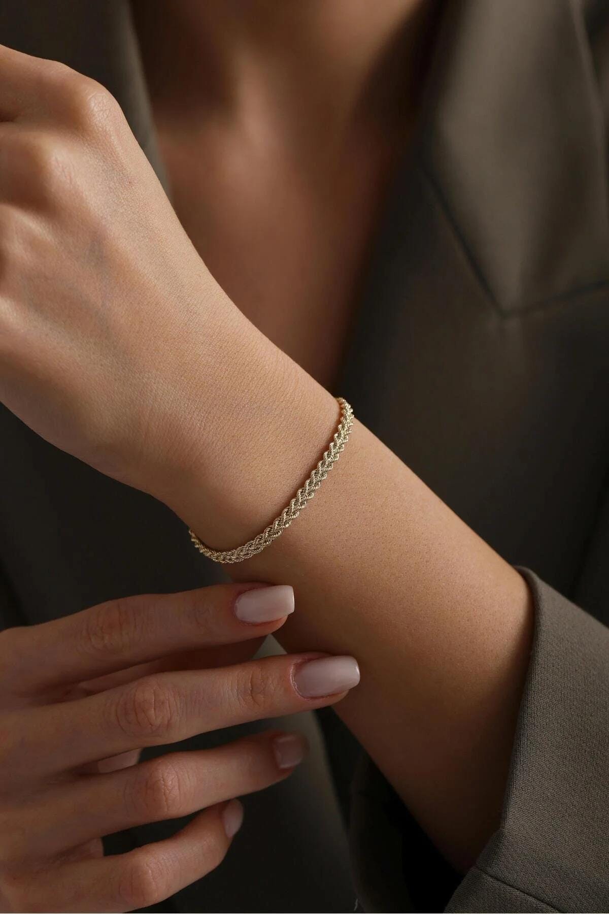 14K Gold Rope Chain Bracelet, Twisted Chain Bracelet, 4.5 mm Chain Bracelet, Sailor Clasp Rope Chain, Unisex Braided Stacking Delicate Chain