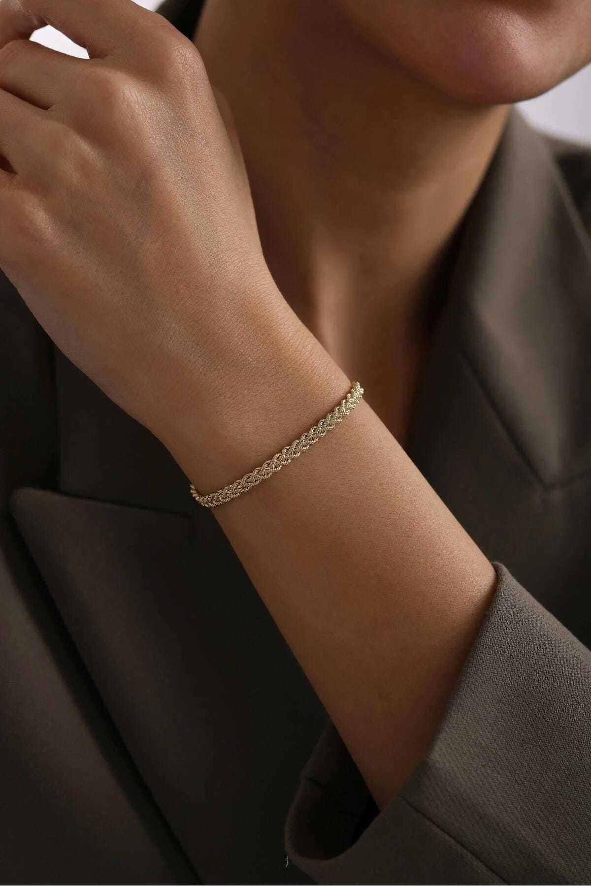14K Gold Rope Chain Bracelet, Twisted Chain Bracelet, 4.5 mm Chain Bracelet, Sailor Clasp Rope Chain, Unisex Braided Stacking Delicate Chain