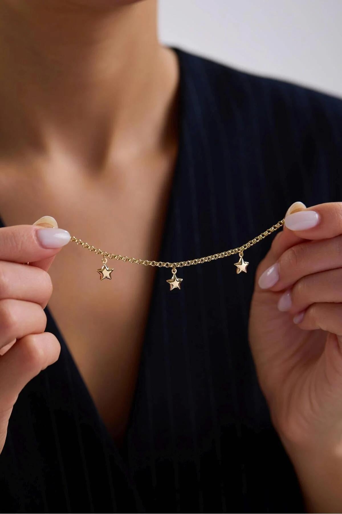 14K Gold 3mm Rolo Chain Bracelet, Gold Star Charm Bracelet, Star Link Bracelet, Love Bracelet, 3D Star Jewelry, Gift for Her