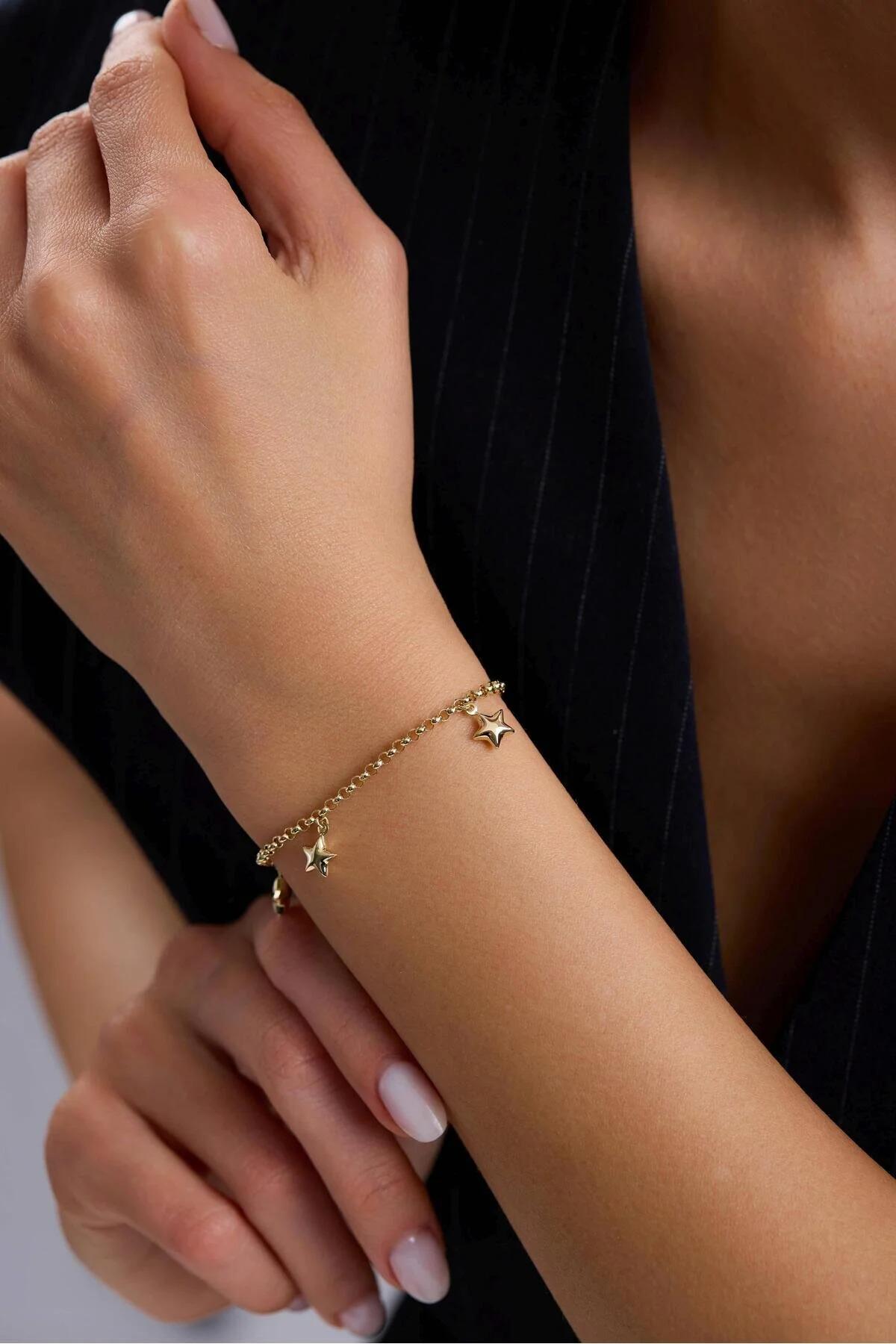 14K Gold 3mm Rolo Chain Bracelet, Gold Star Charm Bracelet, Star Link Bracelet, Love Bracelet, 3D Star Jewelry, Gift for Her