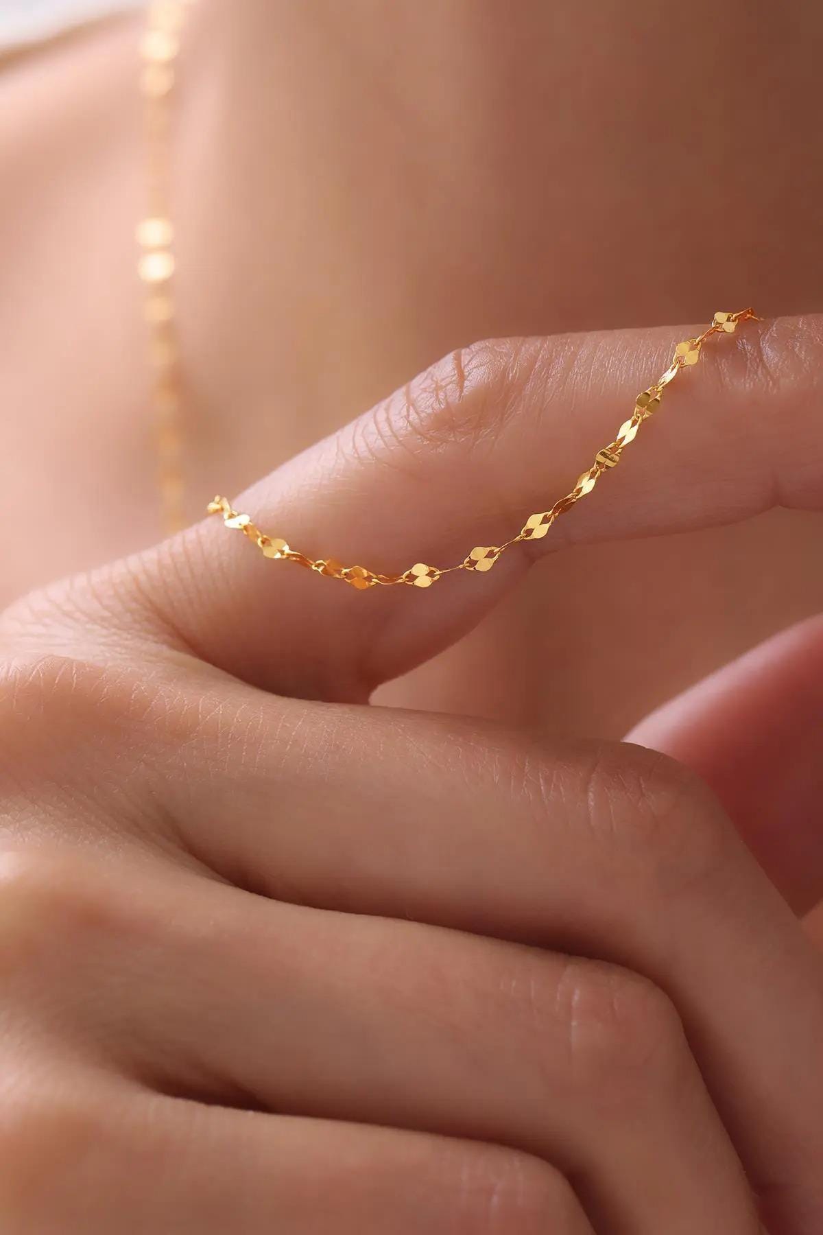 14K Gold Sequin Necklace, Sparkle Chain Necklace, 2mm 3mm 4mm Gold Glitter Necklace, Mirror Faceted Chain Necklace, Thin Chain Necklace