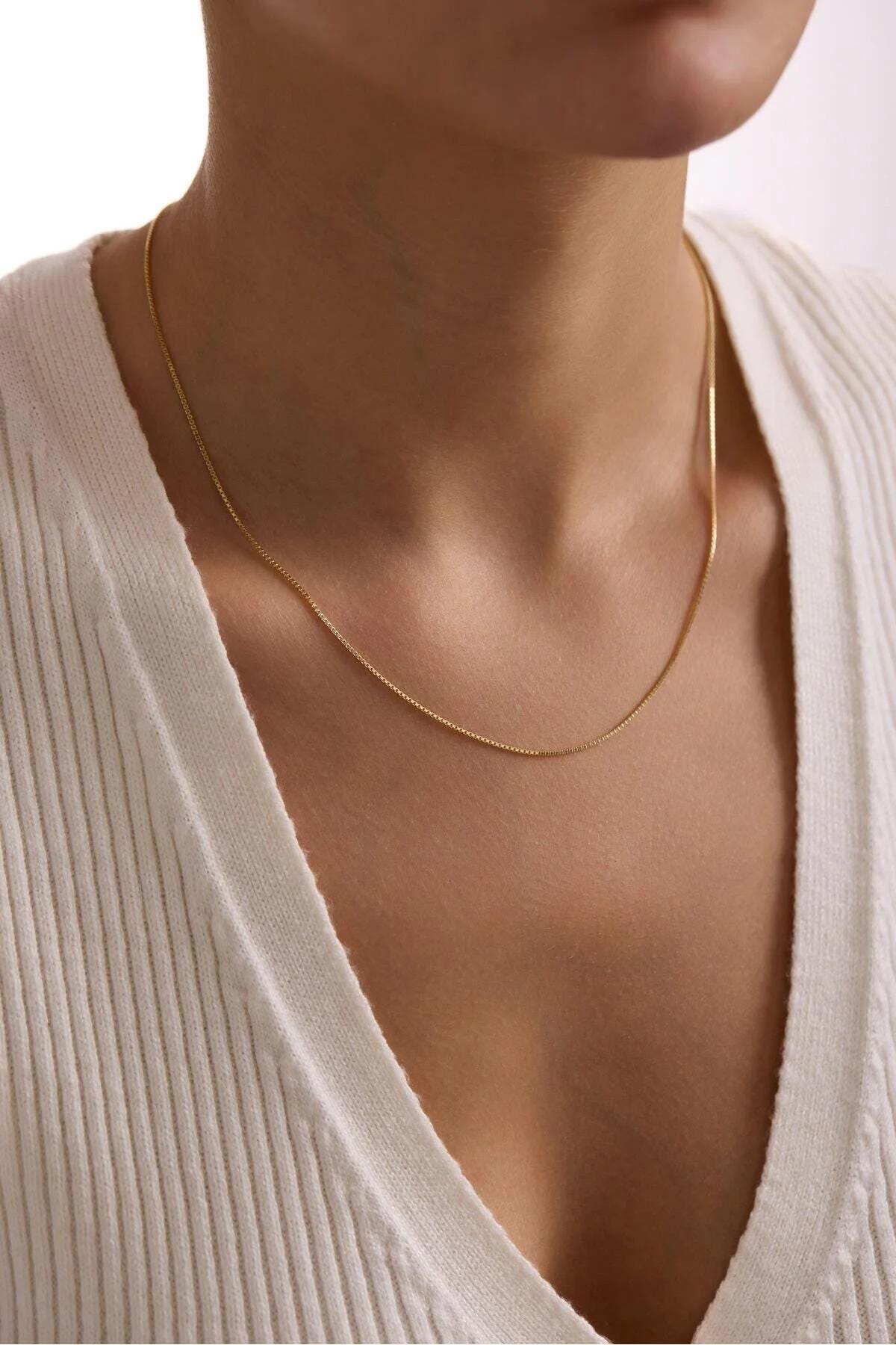 14K Gold Box Chain Necklace, 0.7mm Dainty Gold Chain, Minimalist Fine Jewelry, Unisex Chain 16 18 20 22 24 Inch, Yellow White Rose Gold