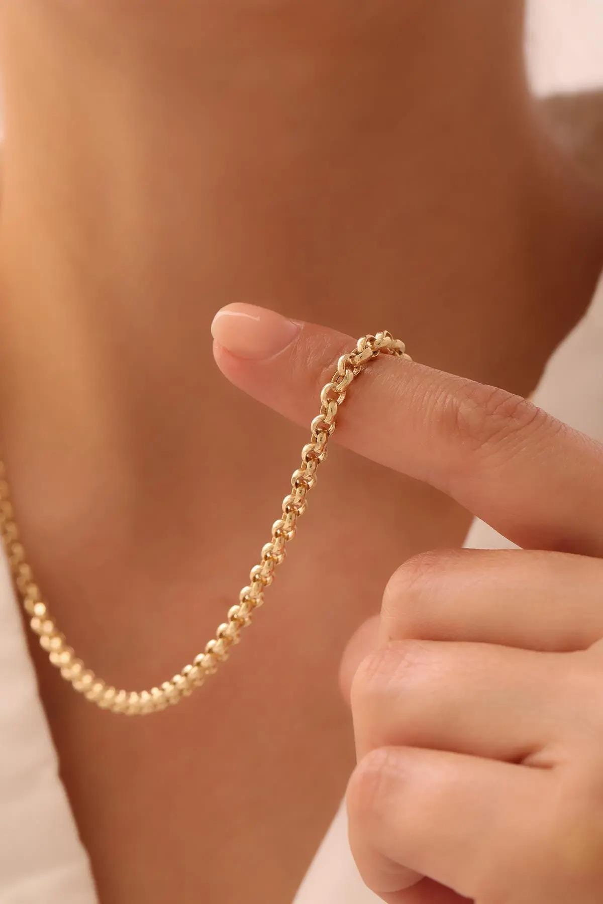 14K Gold Rolo Chain Necklace, 3mm 4mm 5mm Gold Link Necklace, Belcher Chain Necklace, Layering Necklace, Unisex Gold Jewelry