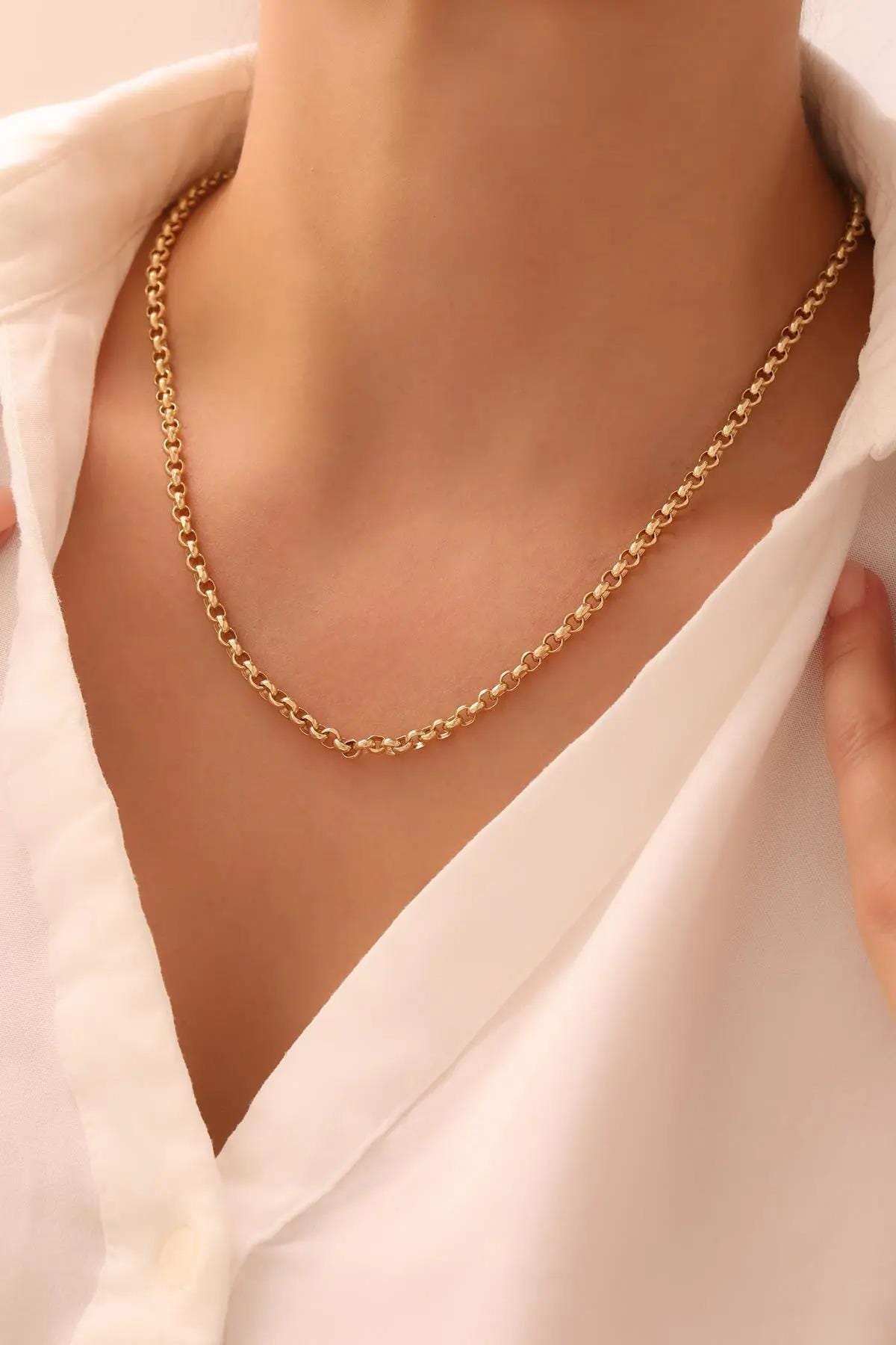 14K Gold Rolo Chain Necklace, 3mm 4mm 5mm Gold Link Necklace, Belcher Chain Necklace, Layering Necklace, Unisex Gold Jewelry