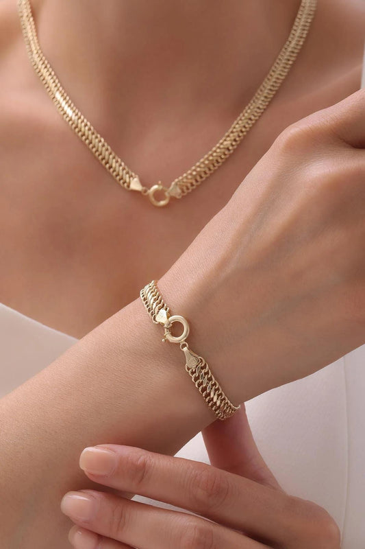 14K Gold Vienna Bracelet With Sailor Clasp, Double Curb Chain Bracelet, Armoured Chain, Minimalist Jewelry, Gift for Her