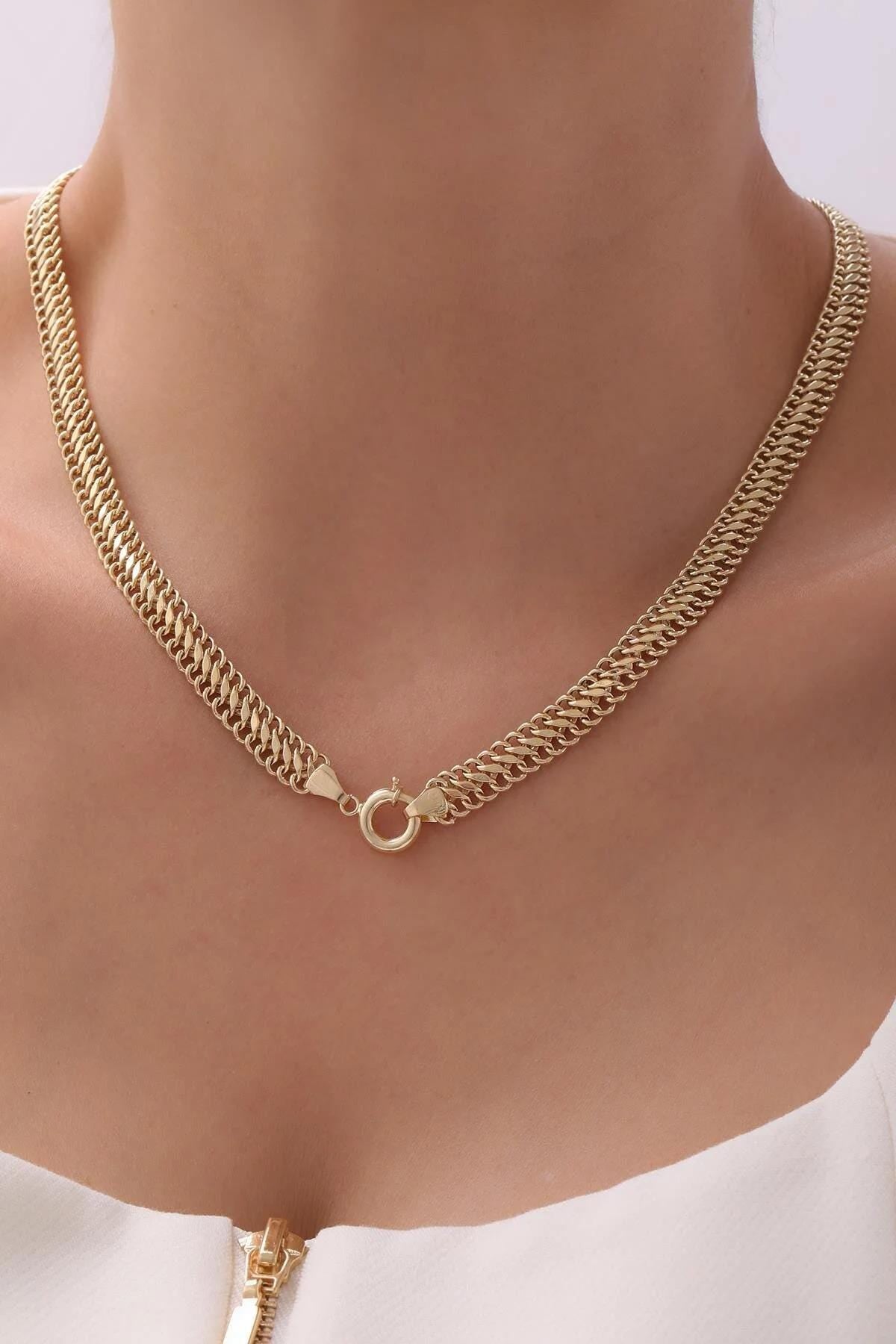 14K Gold Vienna Necklace With Sailor Clasp, 4.8mm 3.7 mm Double Curb Chain Necklace, Armoured Chain Choker, Handmade Jewelry, Gold Necklace