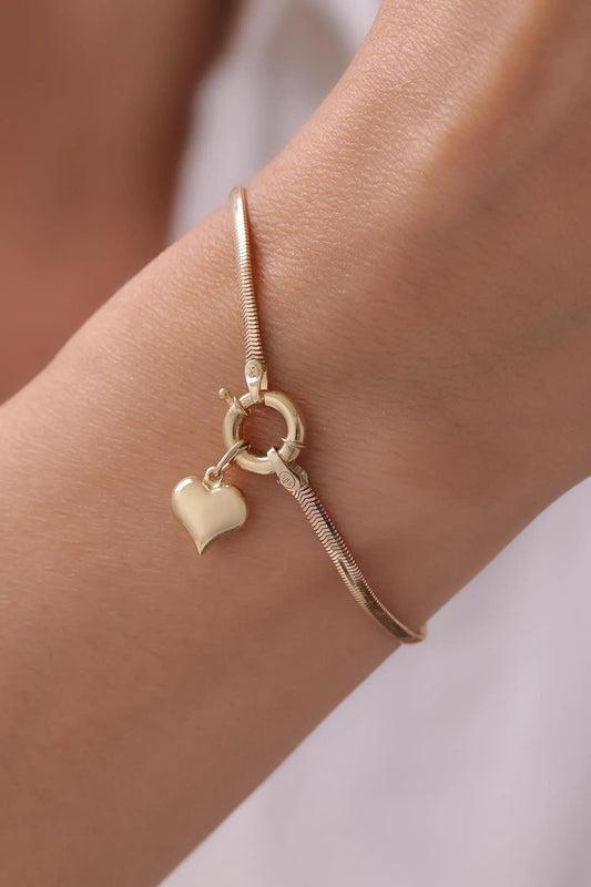 14K Gold Snake Chain Bracelet, Heart Charm Bracelet, Dainty Gold Bracelet, Minimalist Heart Jewelry, Gift for Her
