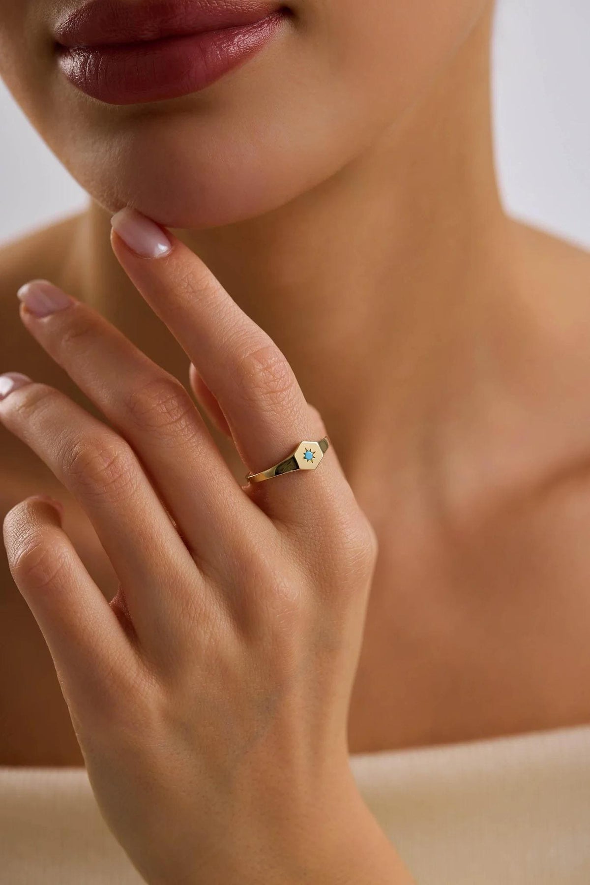 14K Gold Turquoise North Star Ring, Polar Star Ring, Starburst Band Ring, Hexagon Round Luck Star Rings, Celestial Pinky Knuckle Ring
