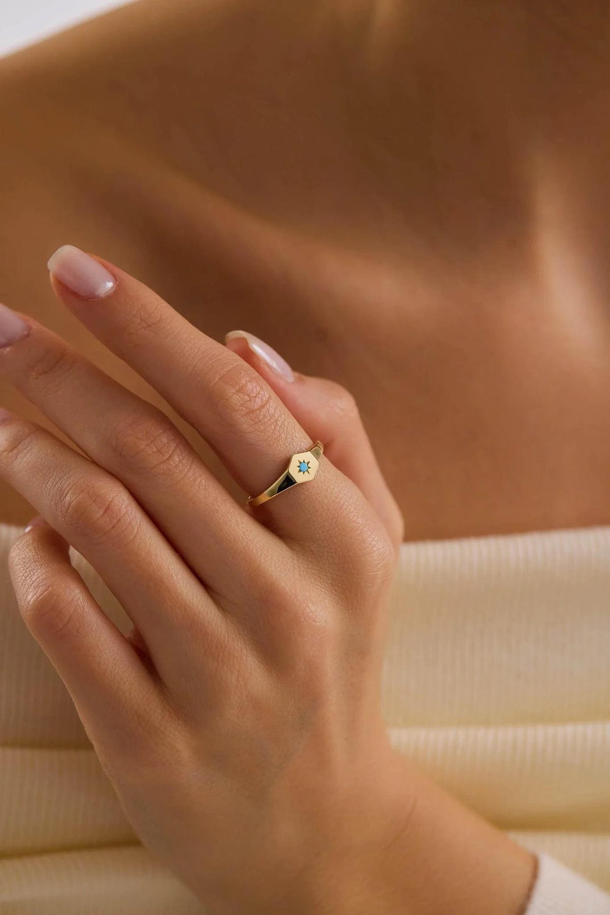 14K Gold Turquoise North Star Ring, Polar Star Ring, Starburst Band Ring, Hexagon Round Luck Star Rings, Celestial Pinky Knuckle Ring