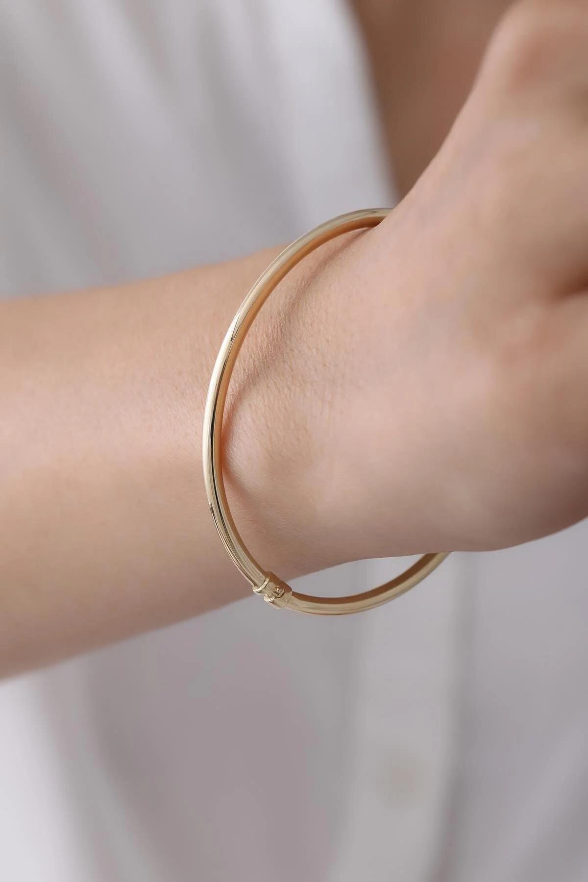 14K Gold Hinged Classic Gold Bangle Bracelet, 4mm 5mm Gold Dome Bangle, Wide Custom Bracelet, Personalized Cuff, Stacking Engraved Bangle