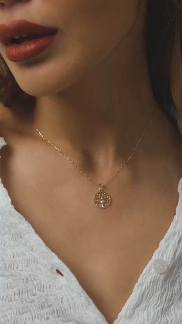 14K Solid Gold Tree of Life Necklace, Family Tree Pendant