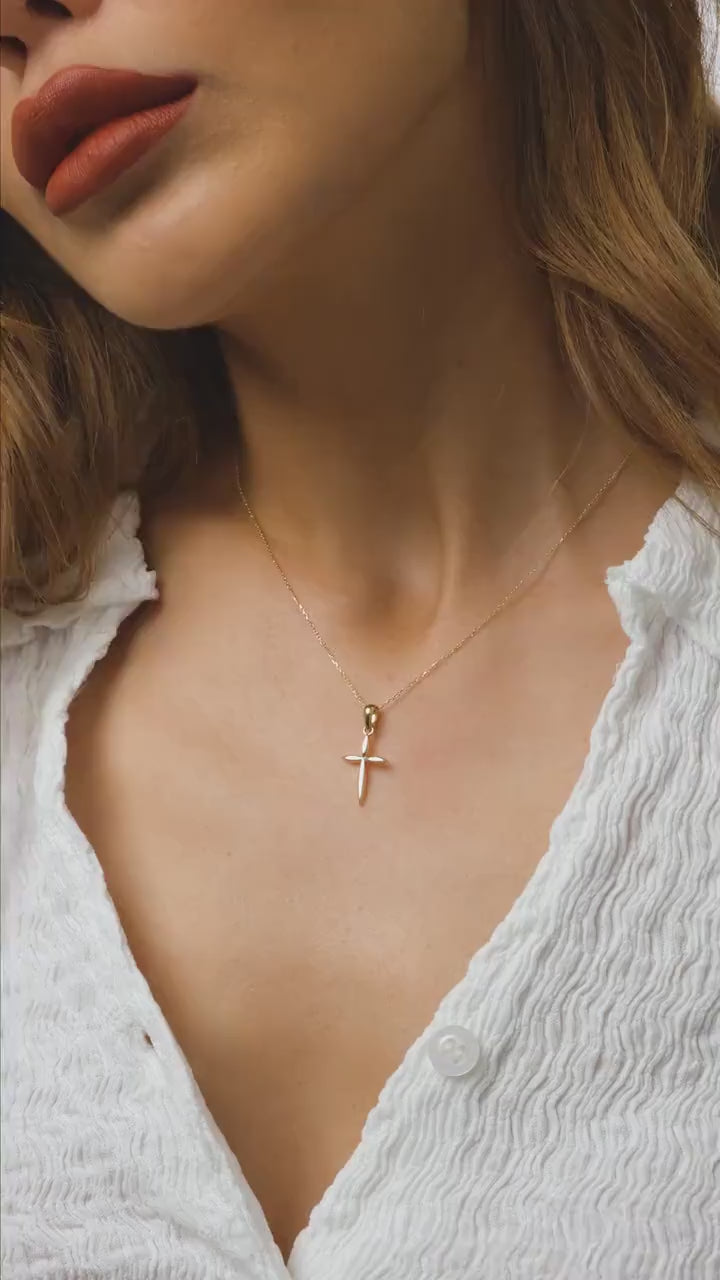 14K Gold Cross Necklace, Crucifix Gold Necklace