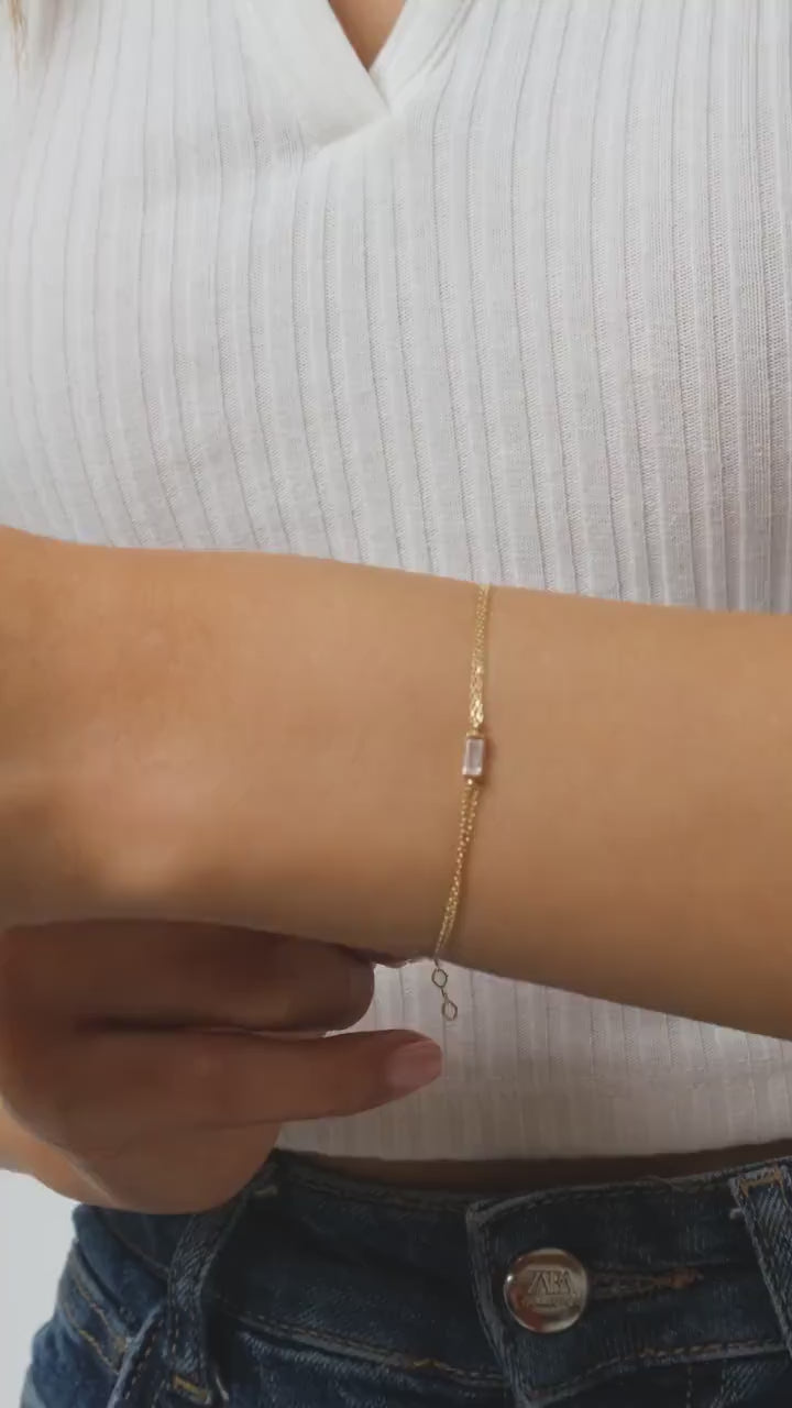 14K Gold Baguette Birthstone Bracelet, Personalized Gemstone Bracelet