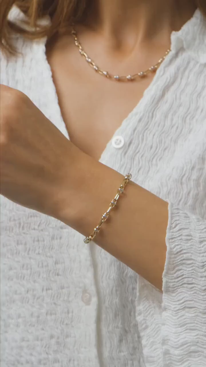14K Gold Two Tone Chain Bracelet, Vintage Fancy Design Gold Bracelet, Rectangle Paperclip Chain, Oval Link Chain Bracelet, Gift For Her
