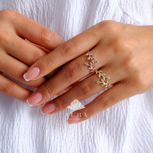 14K Gold Leaf Ring, Leaf Branch Ring, Laurel Wreath Wedding Band, Gold Vine Ring, Minimal Stackable Ring, Twig Ring