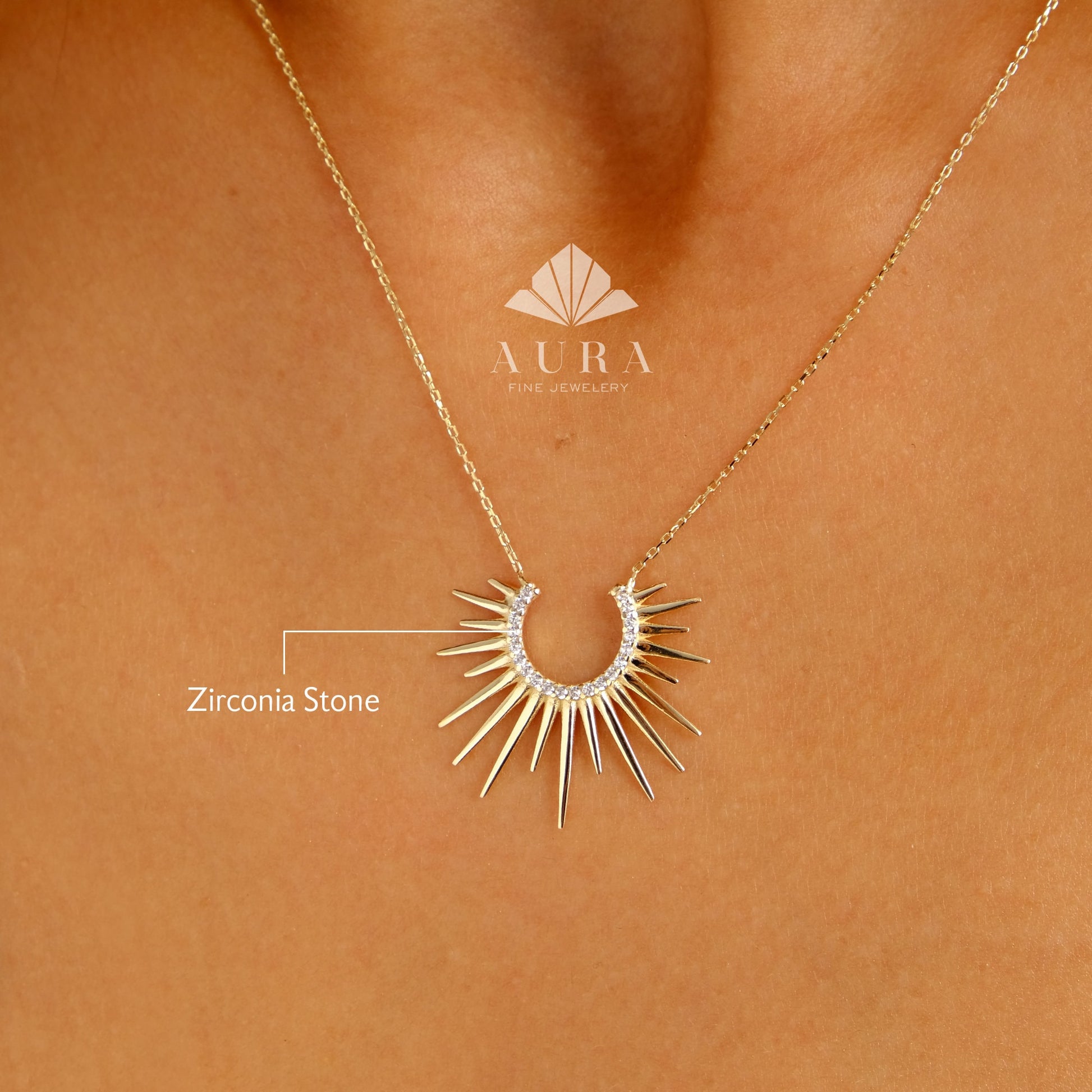 14K Gold Sunburst Necklace, Spikey Gold Sun Pendant, Crescent Necklace, Semicircle Dainty Charm, Celestial Layering Choker, Gift For Her