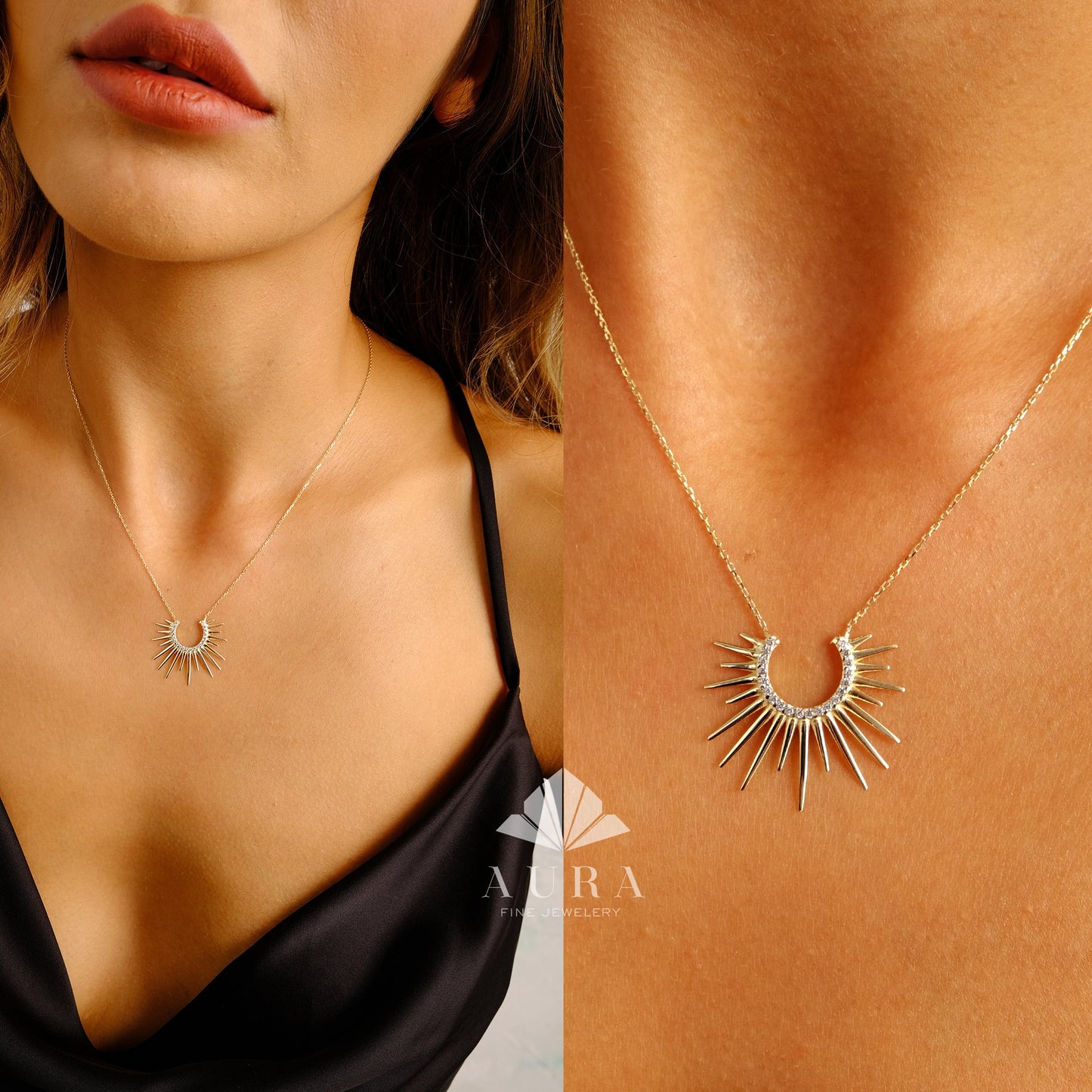 14K Gold Sunburst Necklace, Spikey Gold Sun Pendant, Crescent Necklace, Semicircle Dainty Charm, Celestial Layering Choker, Gift For Her