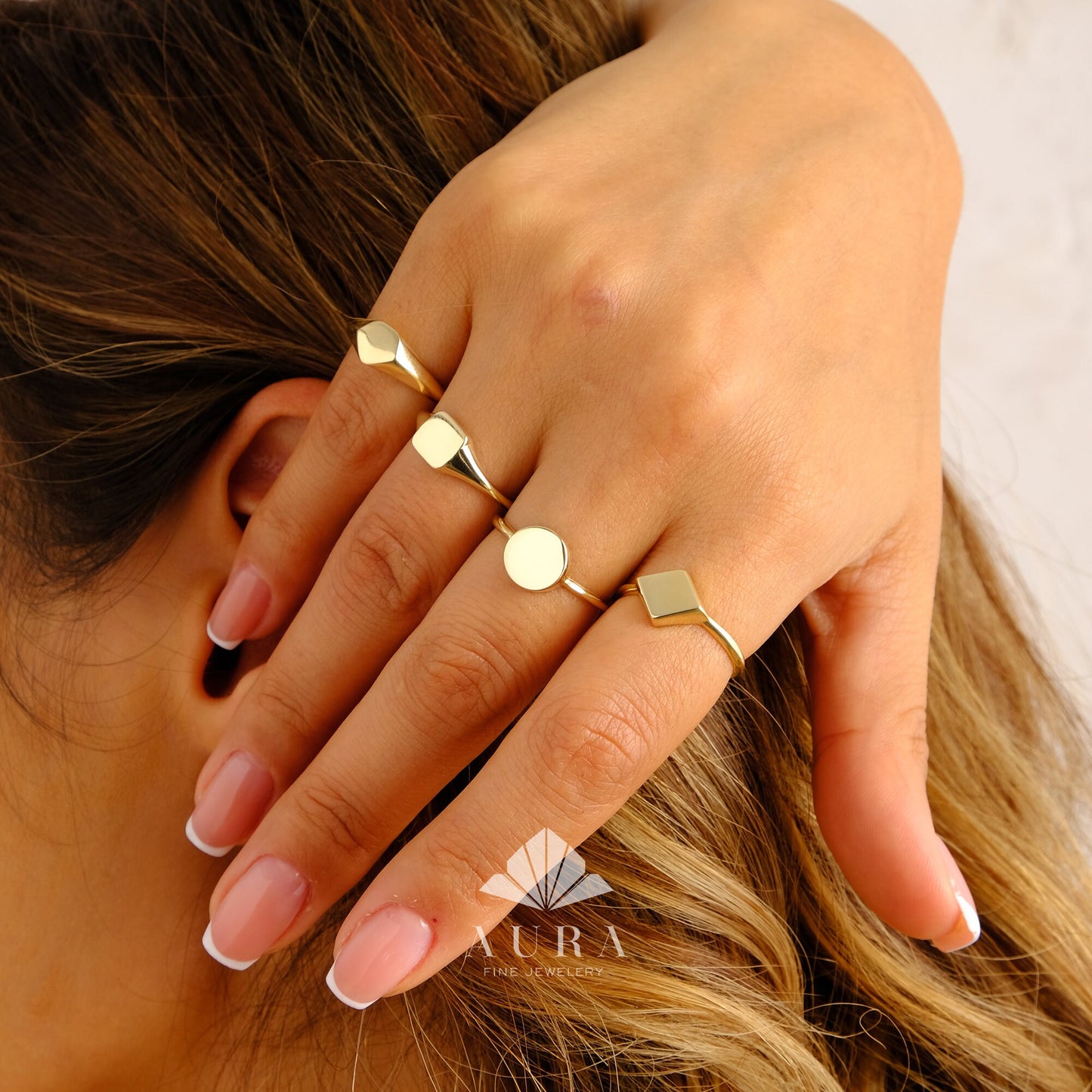 14K Gold Personalized Signet Ring, Custom Monogram Band, Initial Engraved Ring, Gold Pinky Ring, Round Rhombus Pentagon Square Signet Ring