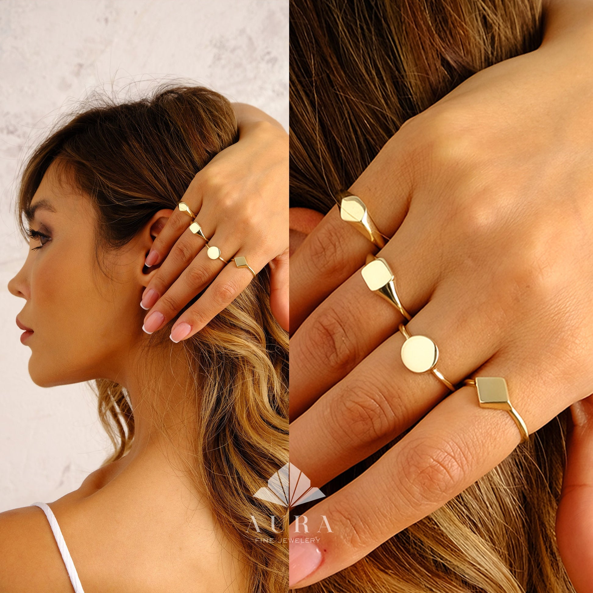 14K Gold Personalized Signet Ring, Custom Monogram Band, Initial Engraved Ring, Gold Pinky Ring, Round Rhombus Pentagon Square Signet Ring