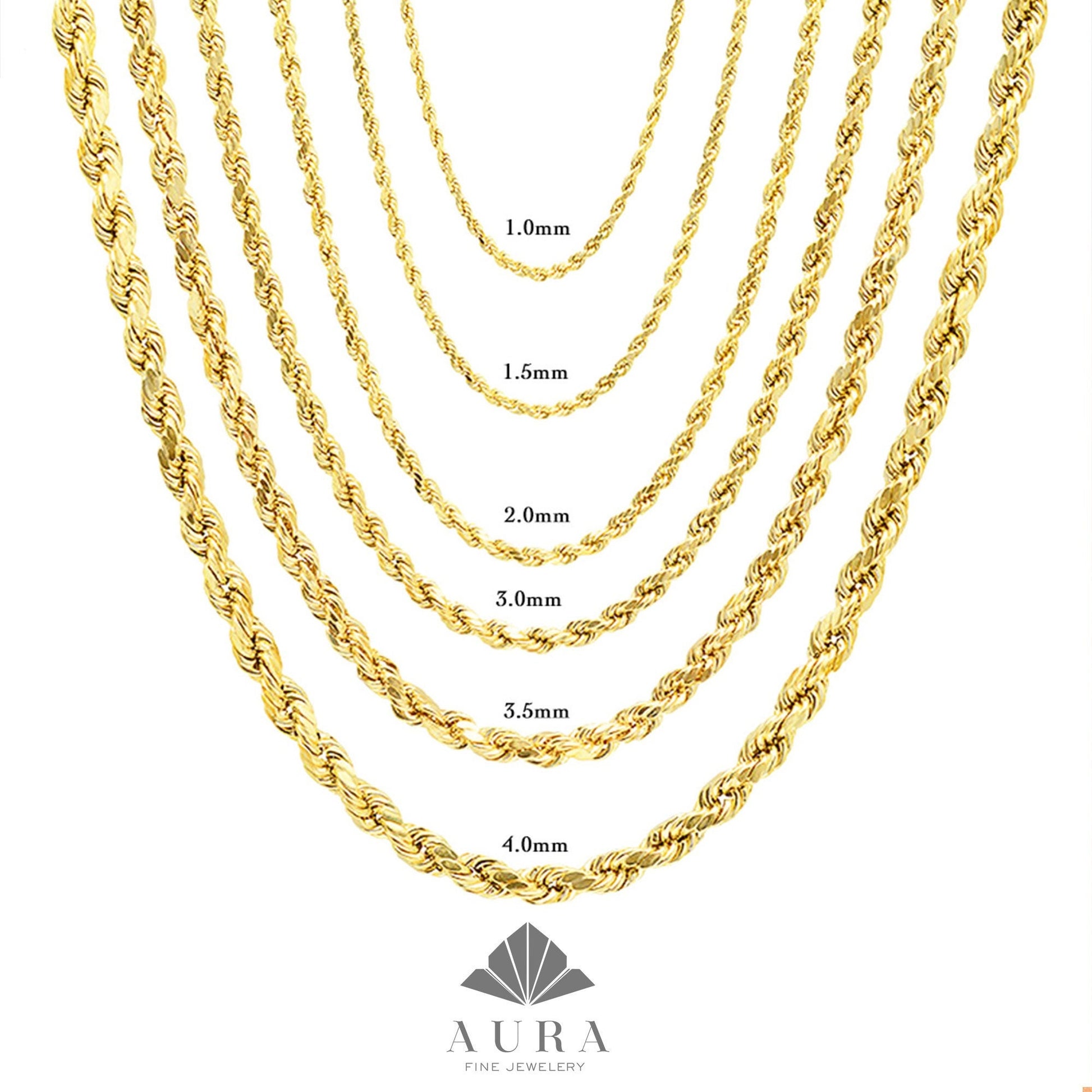 14K Gold Rope Chain Necklace 1mm 2mm 3mm 4mm Diamond