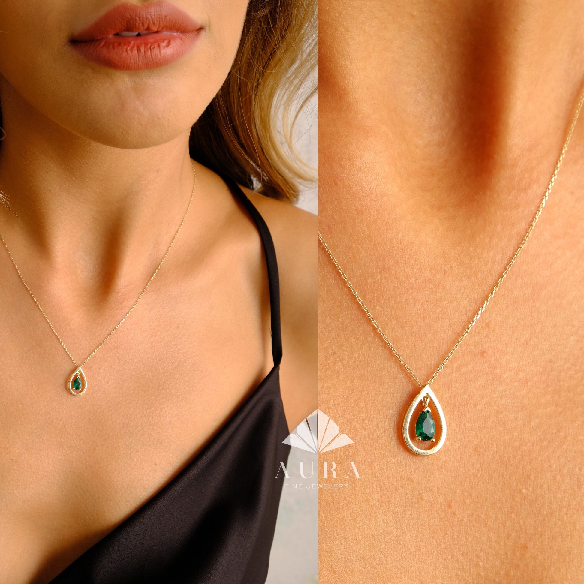 14K Gold Emerald Oval Pendant Necklace, Green Gemstone Pendant, May Birthstone Necklace, Bridesmaid Jewelry, Teardrop Emerald Wedding Charm