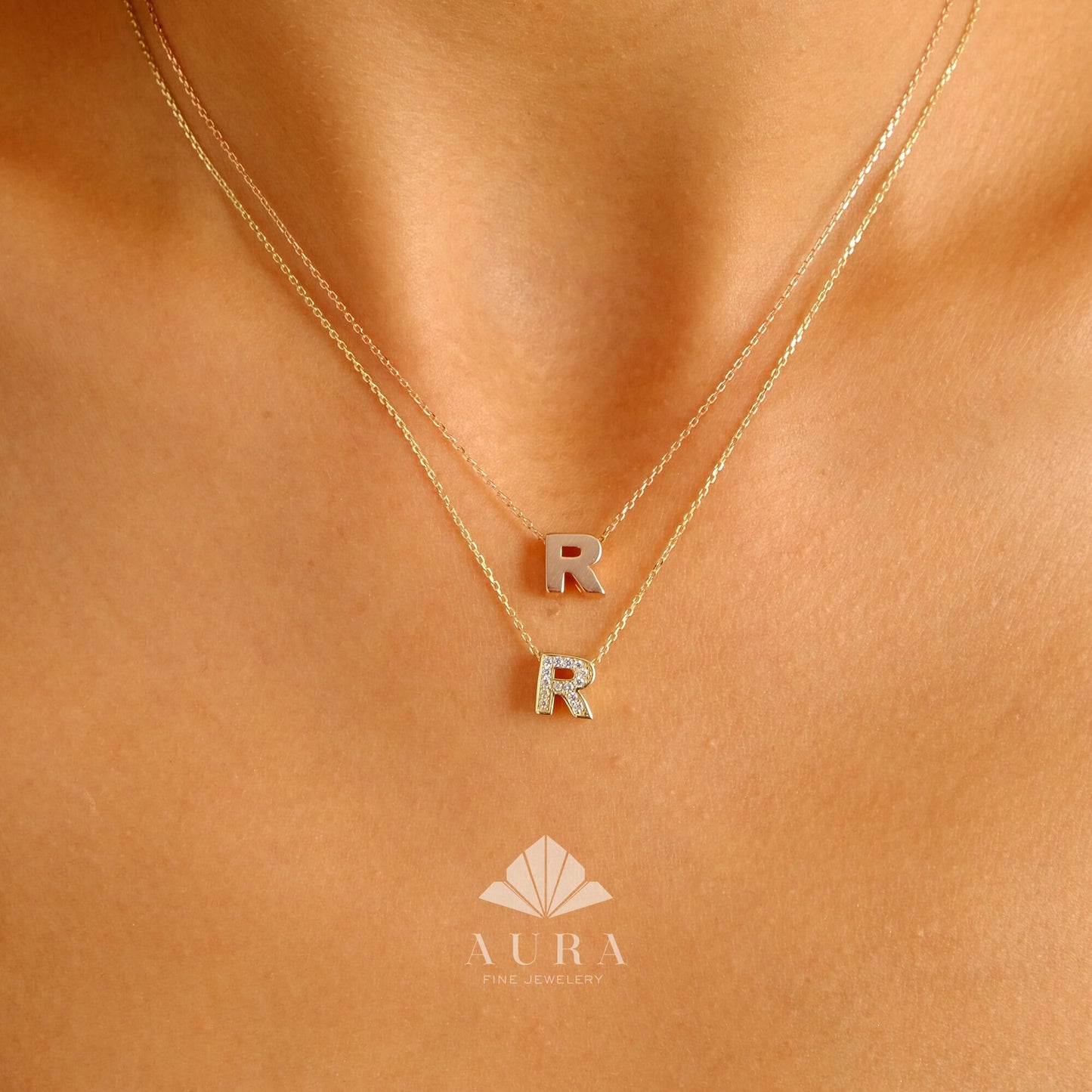 14K Gold Initial Necklace, Cz Diamond Letter Pendant, Custom Initial Necklace, Letter Name Choker, Personalized Necklace, Gift For Her