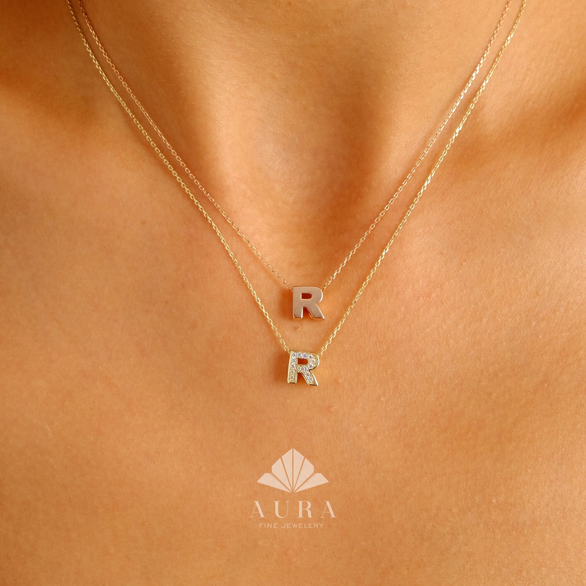 14K Gold Initial Necklace, Cz Diamond Letter Pendant – Aura Fine