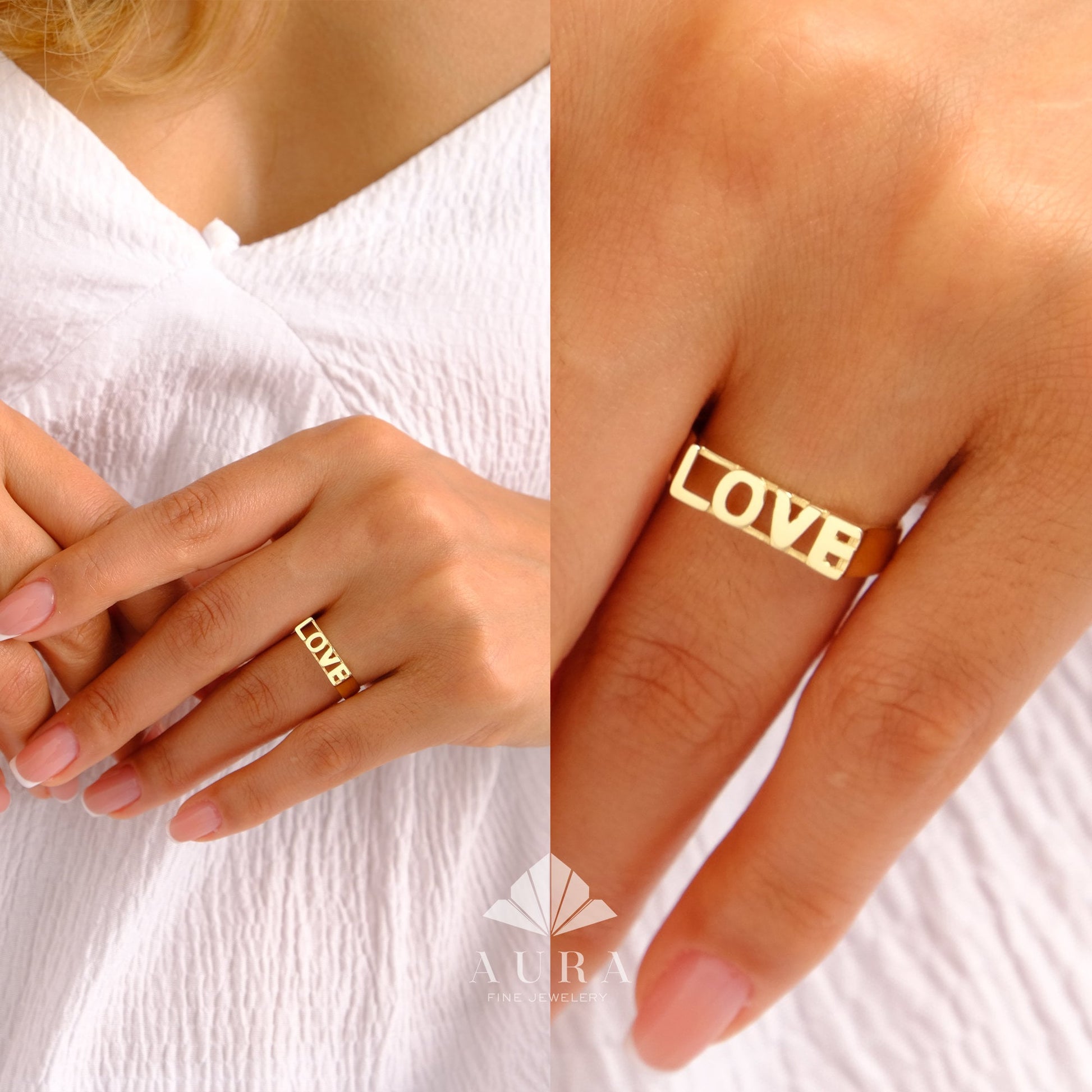 14K Gold Script Love Ring, Chunky Statement Word Ring, Stackable Ring, Engagement Ring, Promise Ring, Love Letter Ring, Love Jewelry