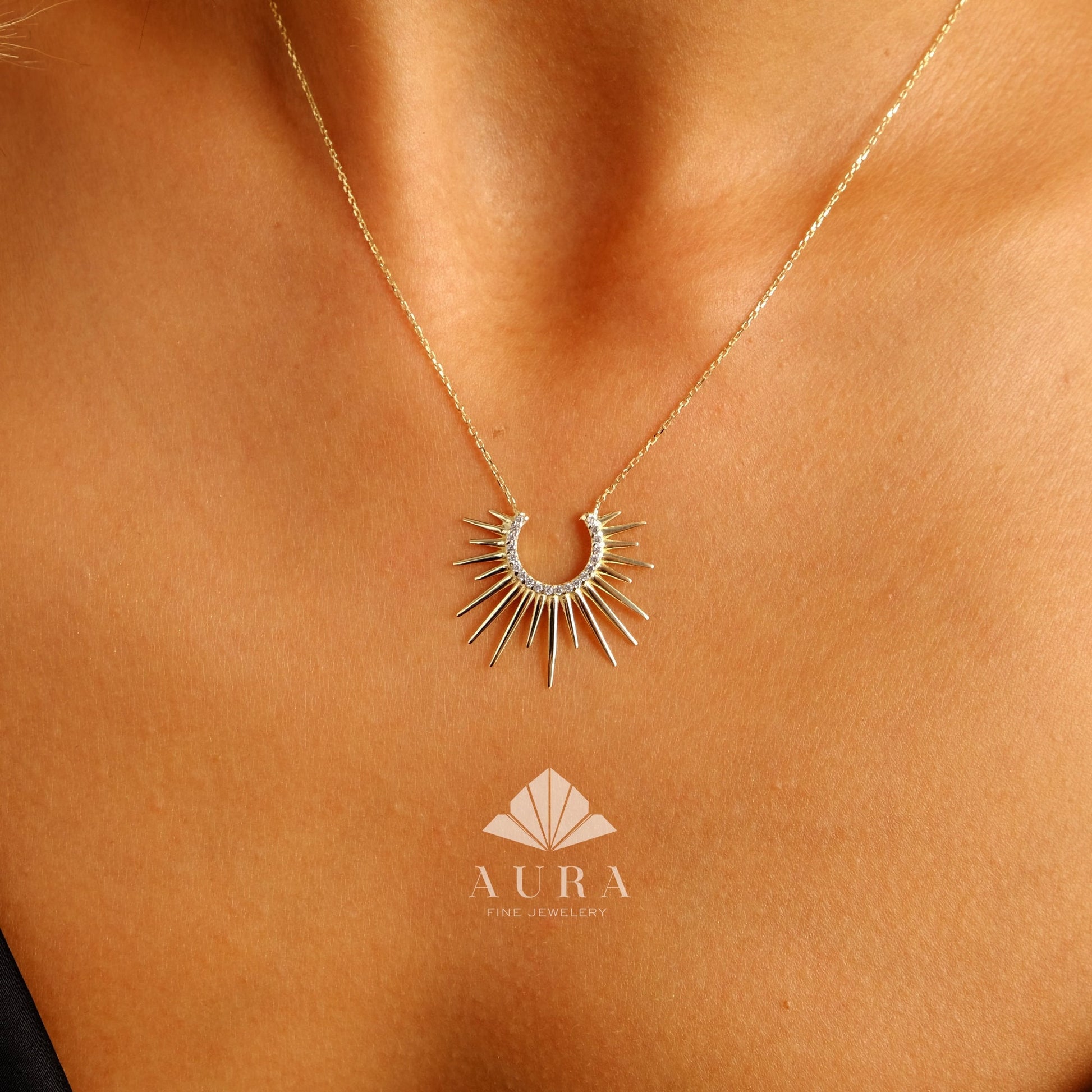 14K Gold Sunburst Necklace, Spikey Gold Sun Pendant, Crescent Necklace, Semicircle Dainty Charm, Celestial Layering Choker, Gift For Her