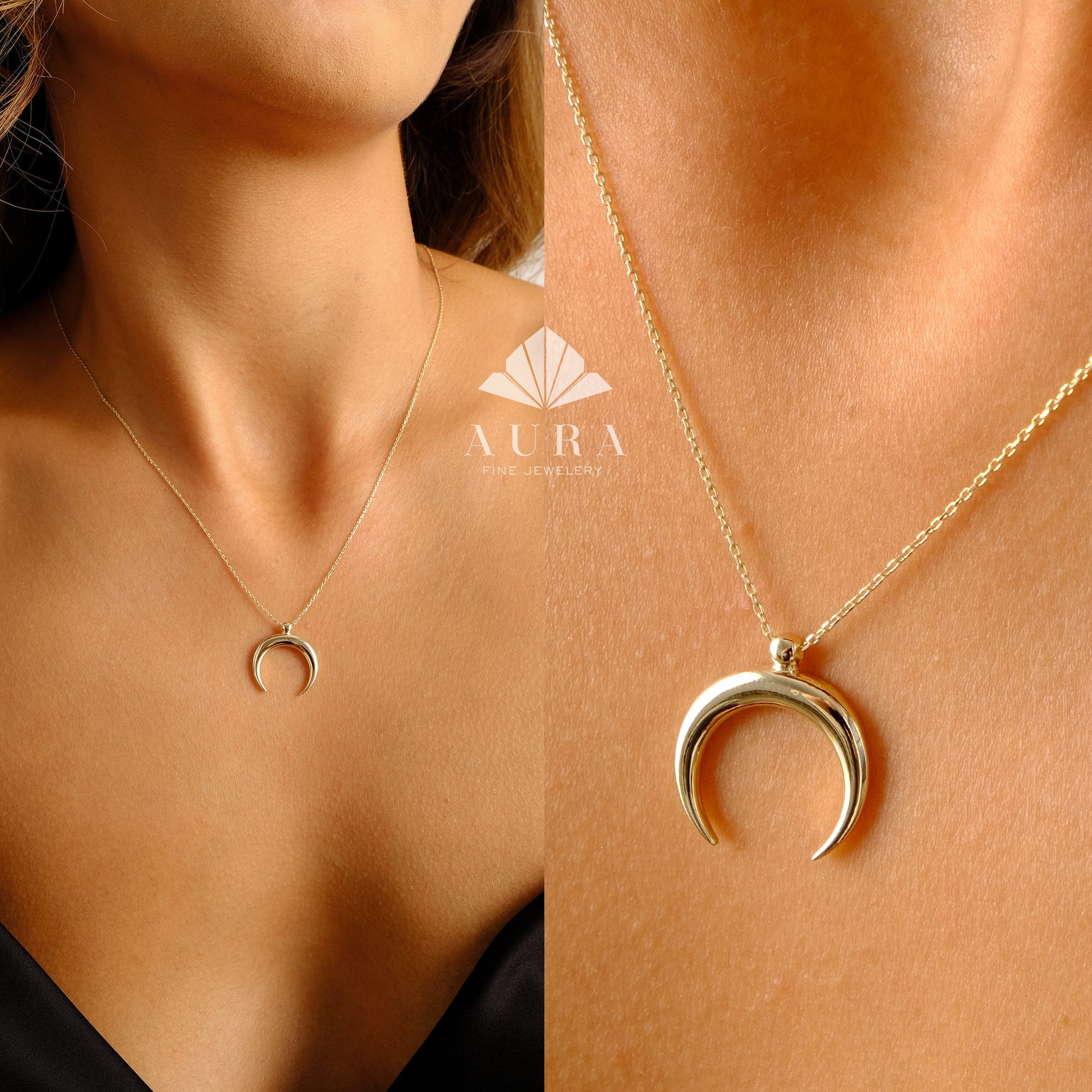 14K Gold Crescent Moon Necklace, Gold Horn Charm Pendant, Dainty Gold Necklace, Moon Charm Necklace, Double Horn Necklace, Gift for Her