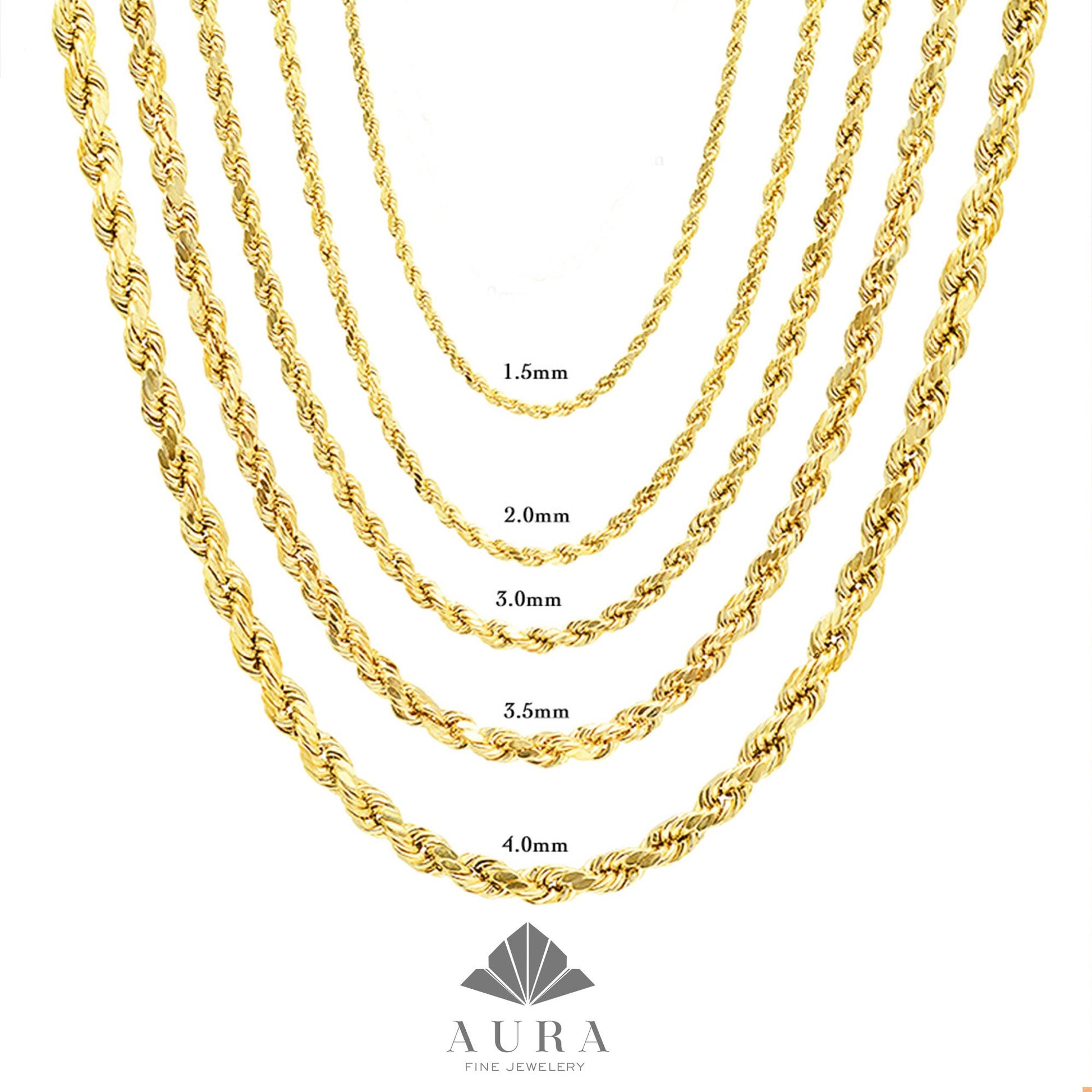 14K Gold Rope Chain Necklace 1mm 2mm 3mm 4mm Diamond