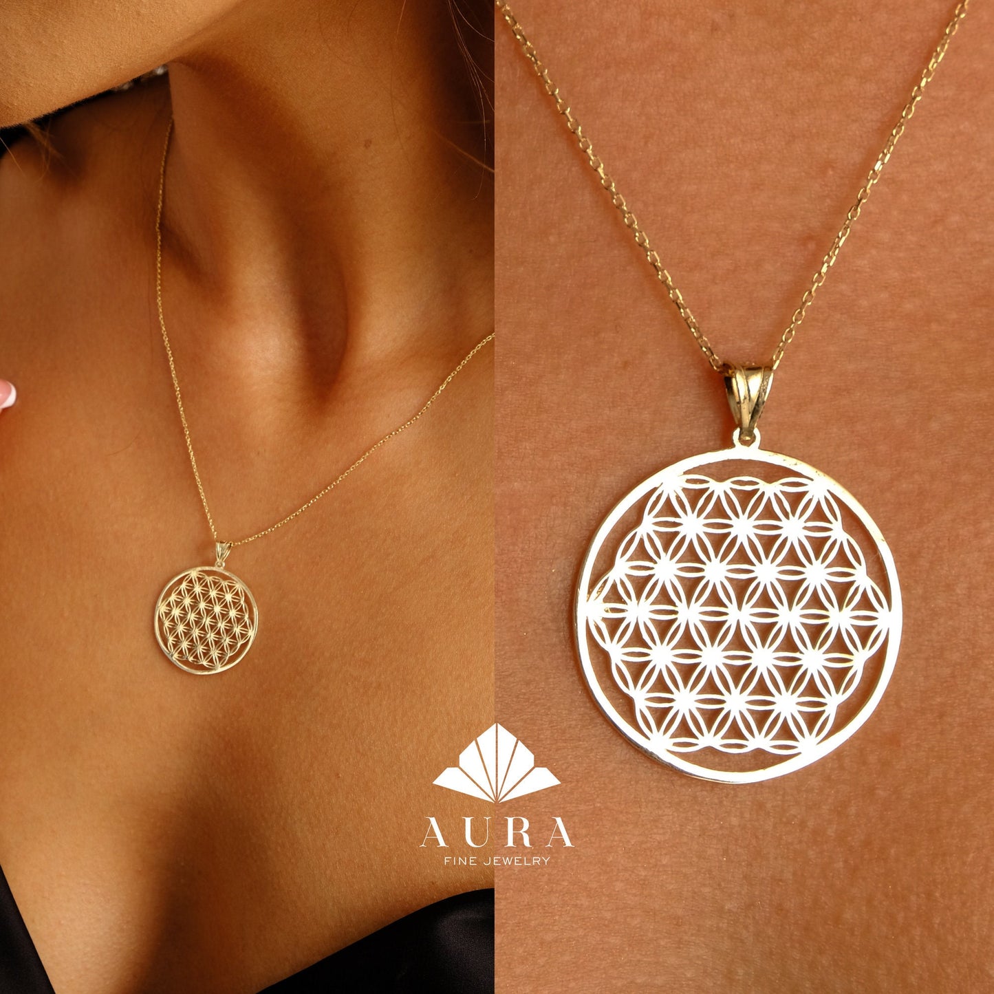 14K Gold Flower Of Life Necklace, Seed of Life Necklace, Handmade Necklace, Flower Of Life Pendant, Geometry Medallion, Anniversary Gift