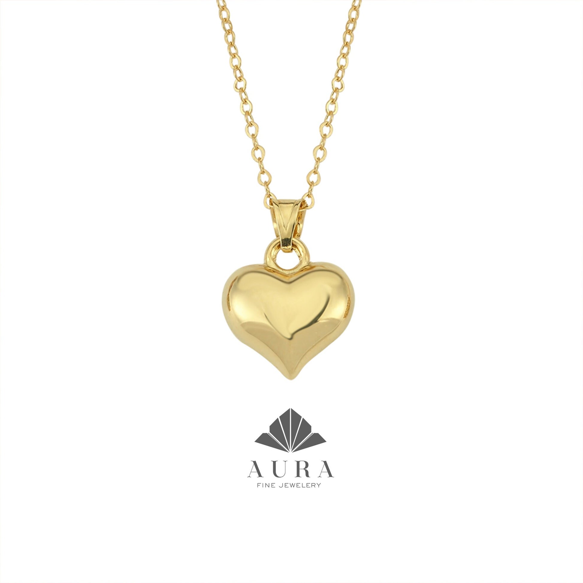 14K Gold Puffed Heart Necklace, 3D Heart Pendant, Gold Love Choker, Mini Heart Charm, Dainty Heart Necklace, Gift For Her