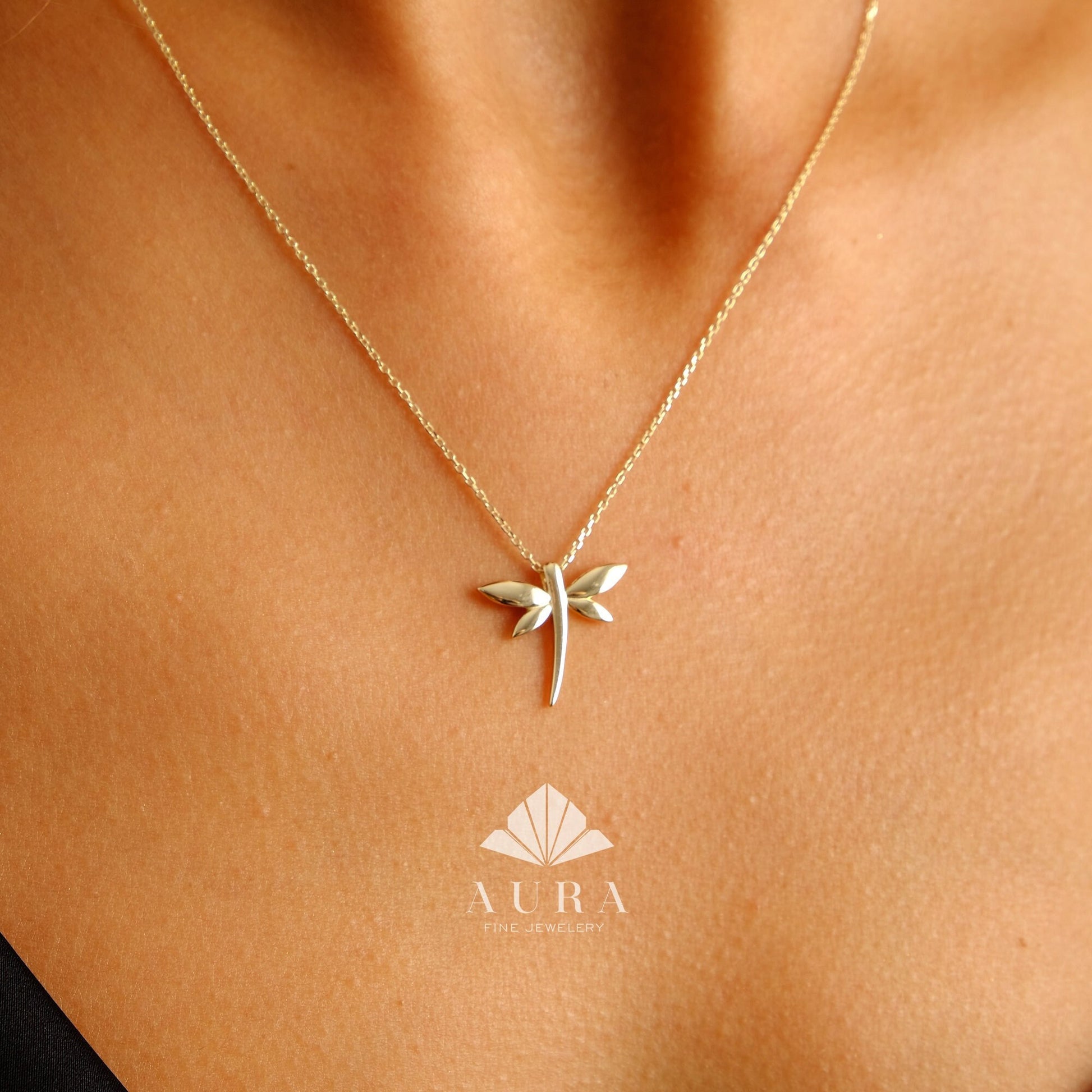 14K Gold Dragonfly Necklace, Dragonfly Charm Pendant, Mini Dragonfly Pendant, Christmas Gift, Valentines Day Gift, Mothers Day Gift