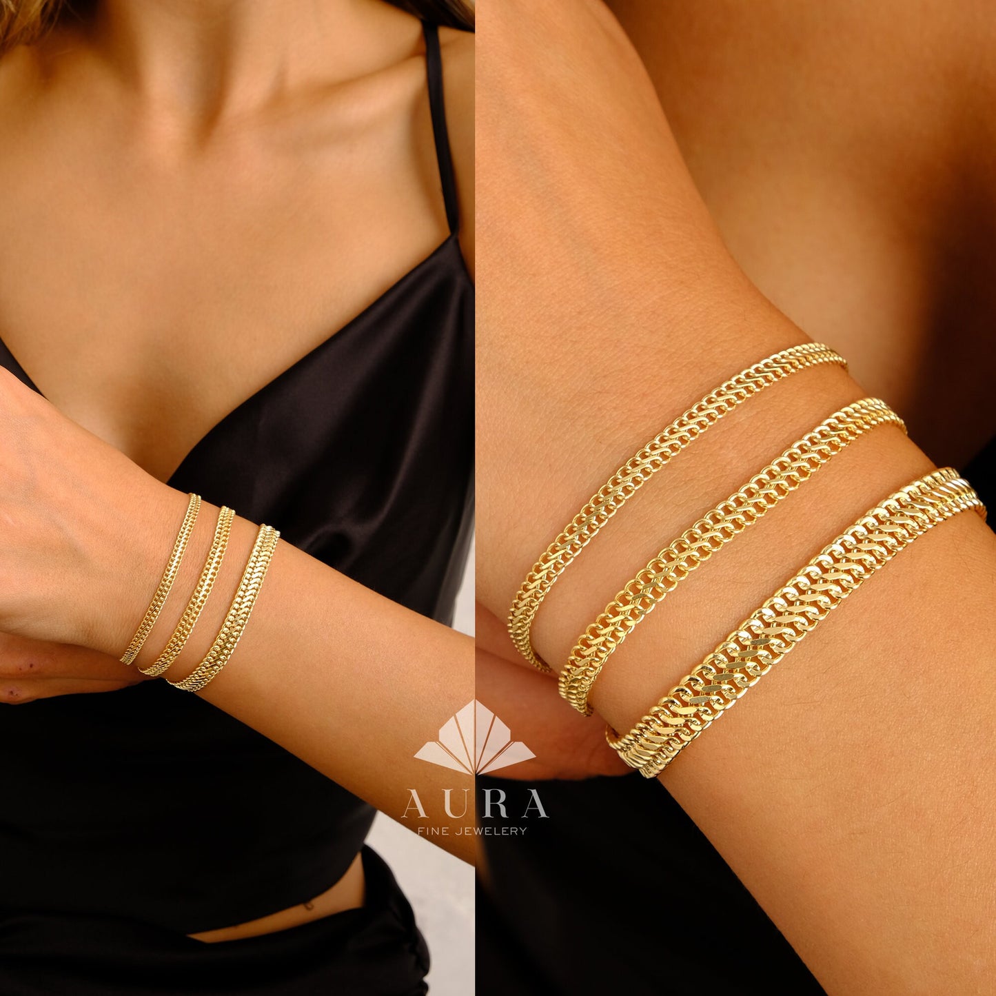 14K Gold Vienna Bracelet, Double Curb Chain Bracelet, Armoured Chain, Minimalist Jewelry, Gift for Her
