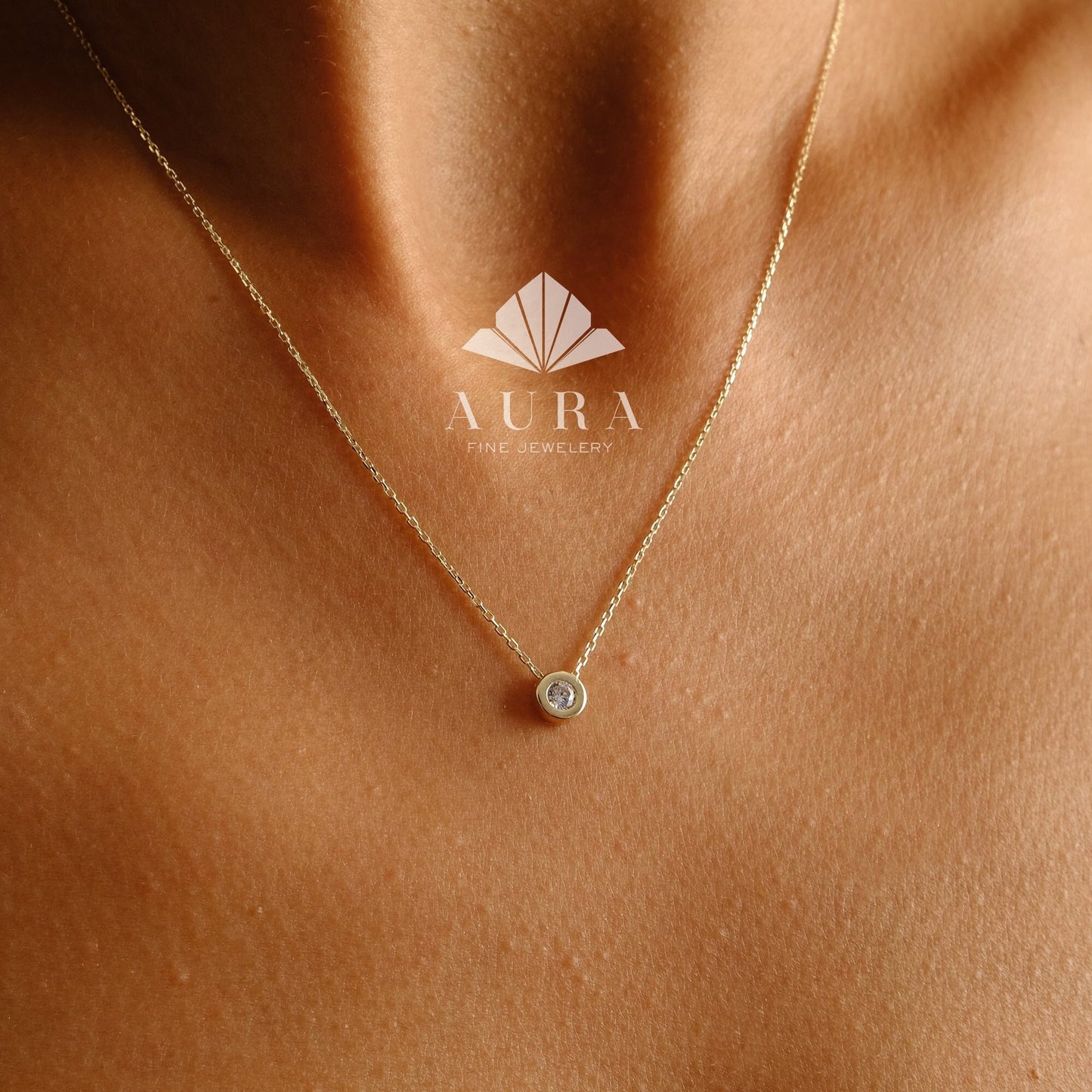 14K Gold Diamond Solitaire Necklace, Diamond Bezel Necklace, Dainty Diamond Pendant Choker, Bezel Simple Necklace, Mothers Day Gift