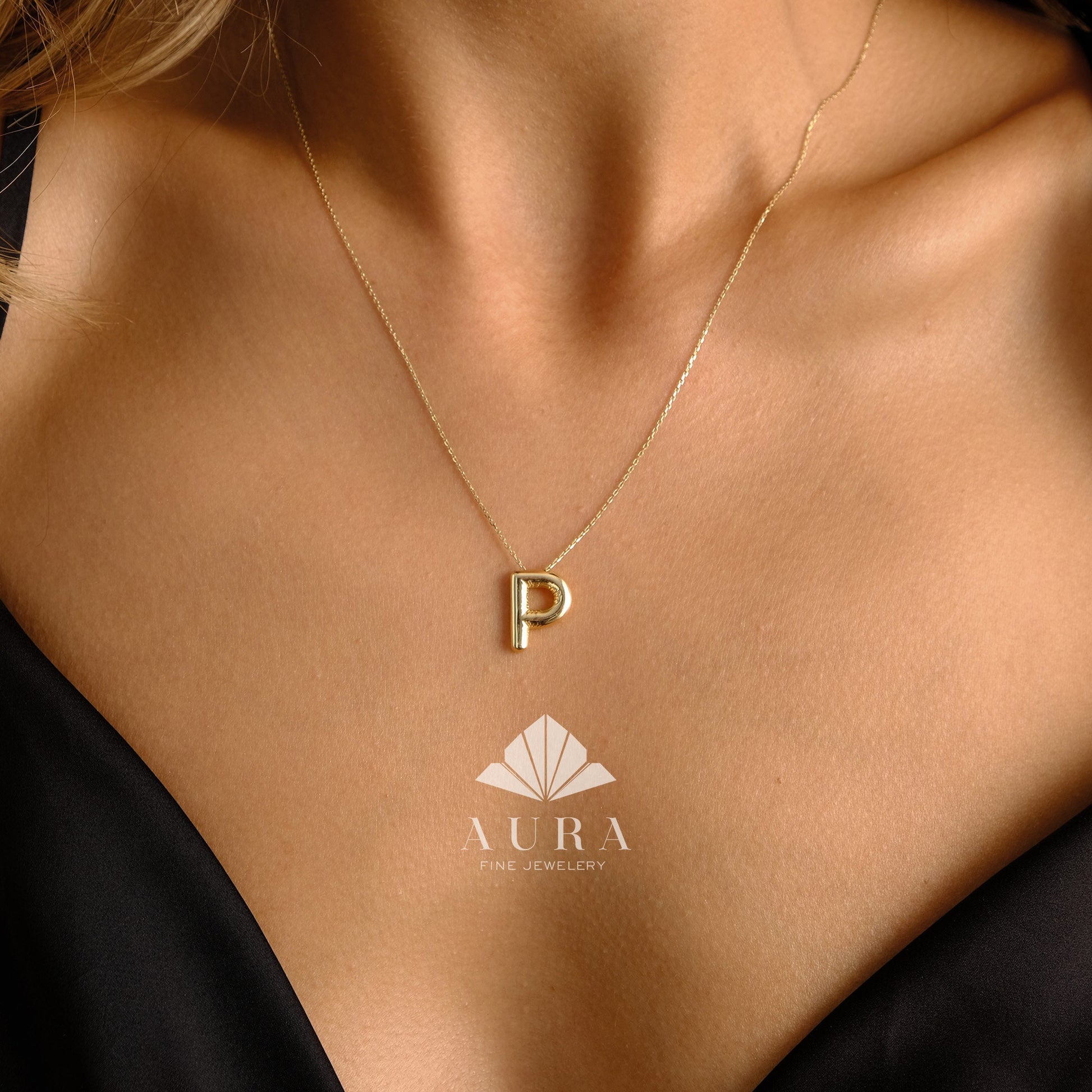 14K Gold Initial Necklace, Puff Letter Pendant, Balloon Letter Necklace, Tiny Letter Charm, Personalized Name Necklace, Gift For Her