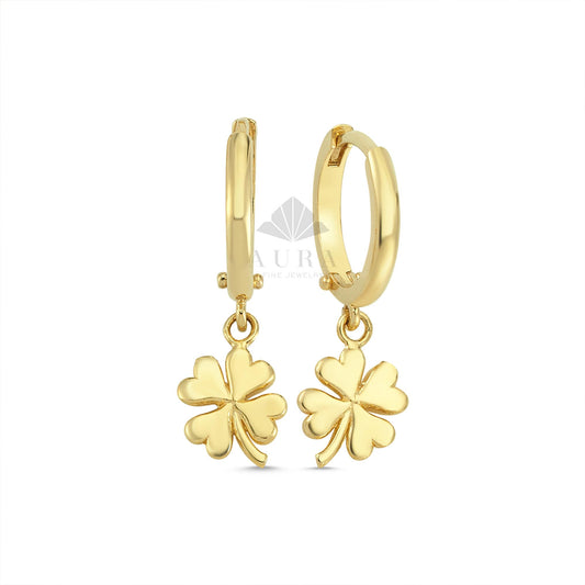 14K Gold Clover Earrings, Four Leaf Clover Dangle Hoops, Shamrock Hoop Huggies, Good Luck Earrings, Clover Charm, Bridesmaid Jewelry