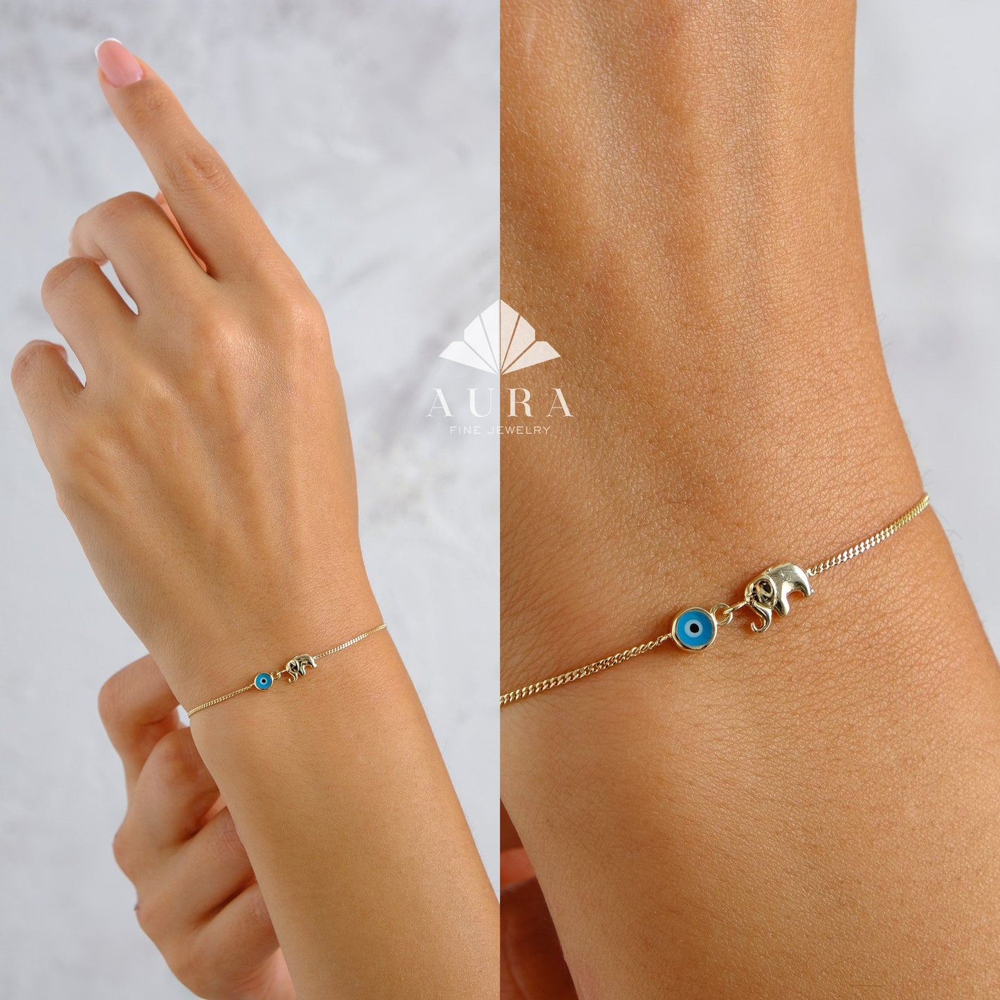 14K Gold Elephant Bracelet, Evil Eye Charm Curb Chain Bracelet, Good Luck Charm, Blue Eye Protection Bracelet, Minimalist Animal Jewelry