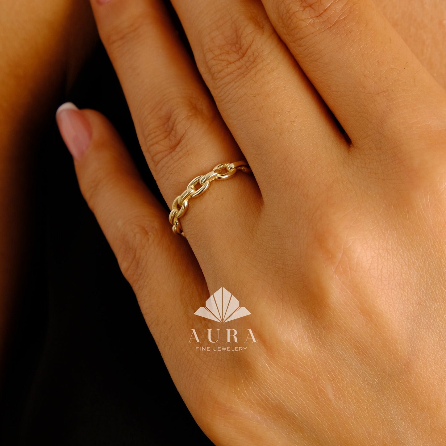 14K Gold Chain Ring, Dainty Gold Band, Paperclip Chain Ring, Curb Chain Link Ring, Wedding Band, Simple Stacking Ring, Pointer Finger Ring
