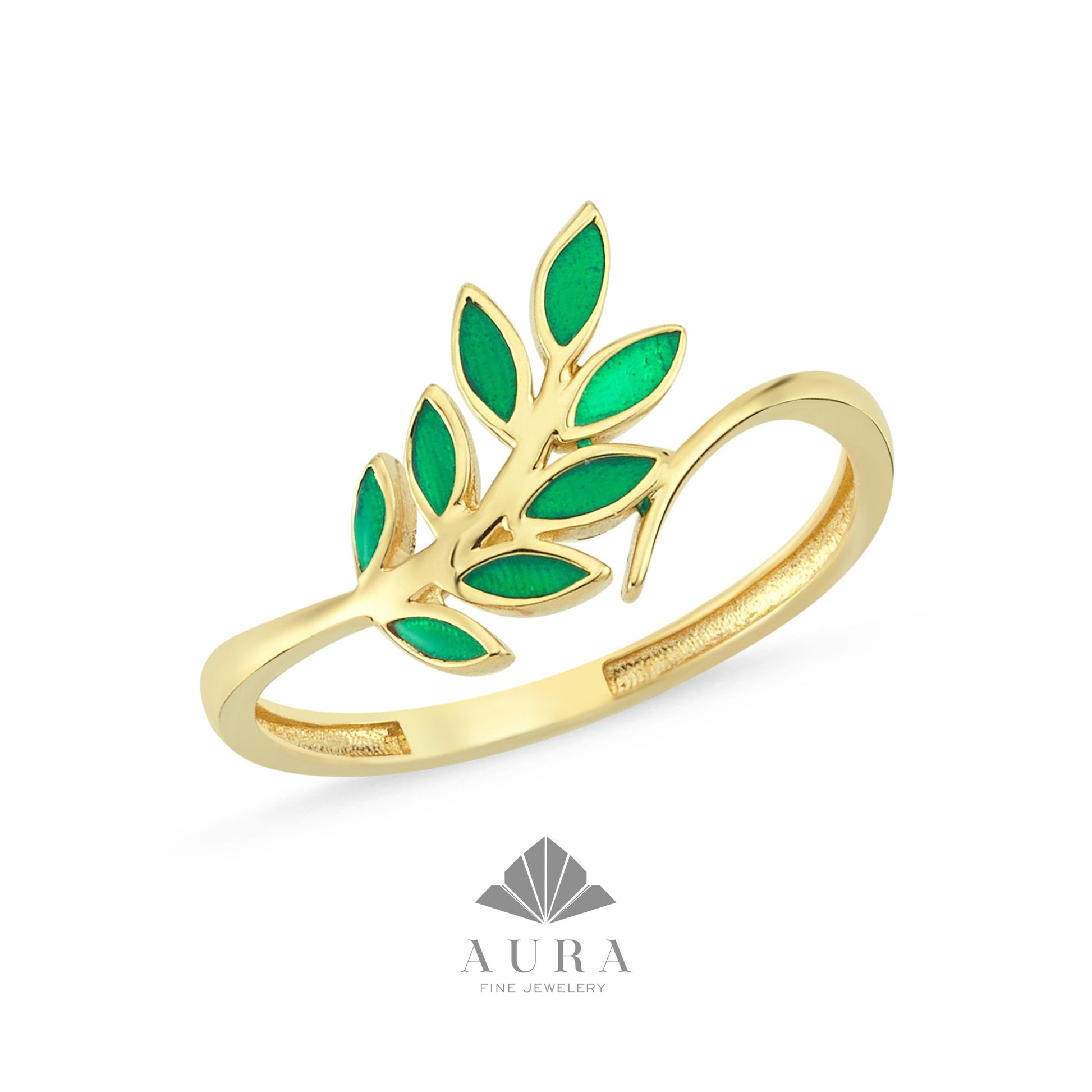 14K Gold Leaf Ring, Green Leaf Branch Ring, Stacking Gold Band, Vine Ring, Laurel Ring, Marquise Botanical Ring, Floral Band Ring