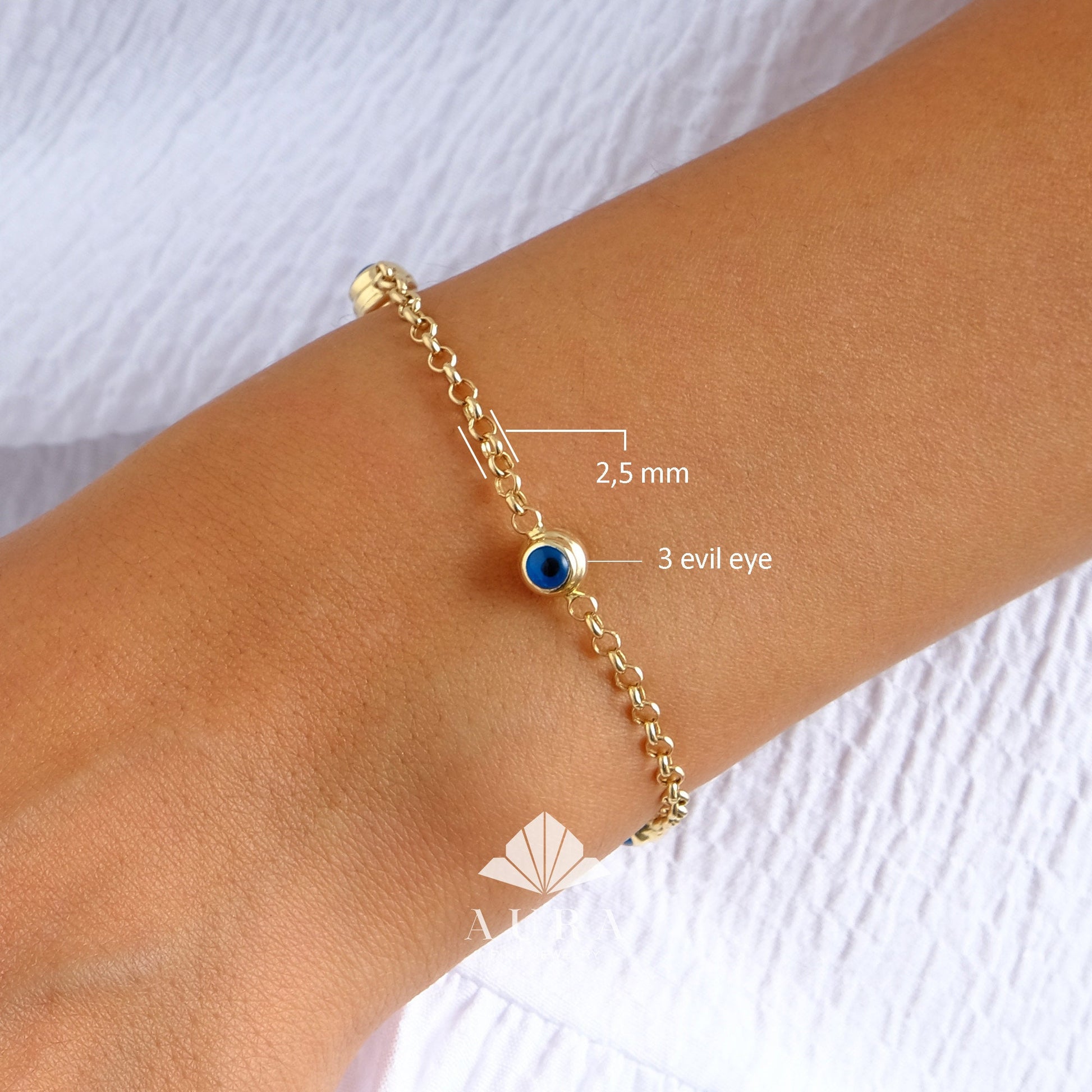 14K Gold Evil Eye Bracelet, Gold Rolo Chain Bracelet, 3 Evil Eye Charm, Evil Eye Station Rolo Chain Bracelet, Protection Jewelry, Birthday