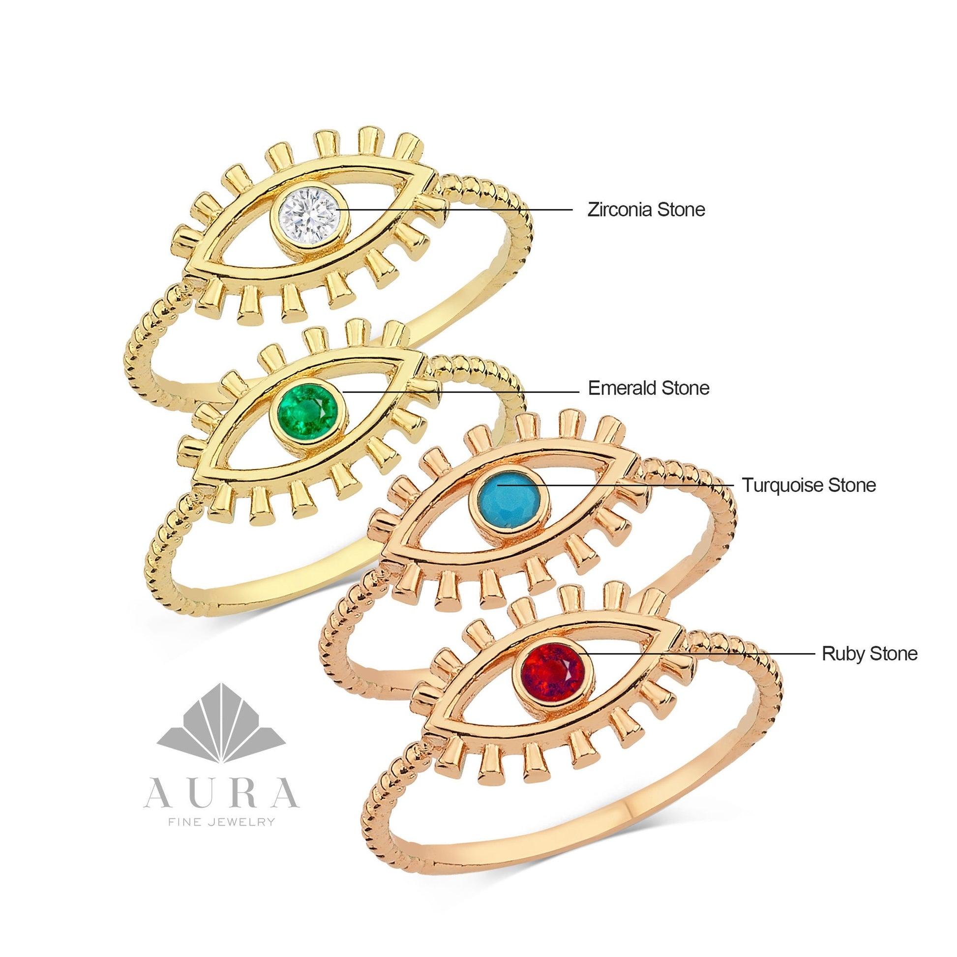 14K Gold Birthstone Ring, Evil Eye Ring, Gemstone Evil Eye Band, Personalized Ring, Women Dainty Evil Eye Ring, Protection Good Luck Ring