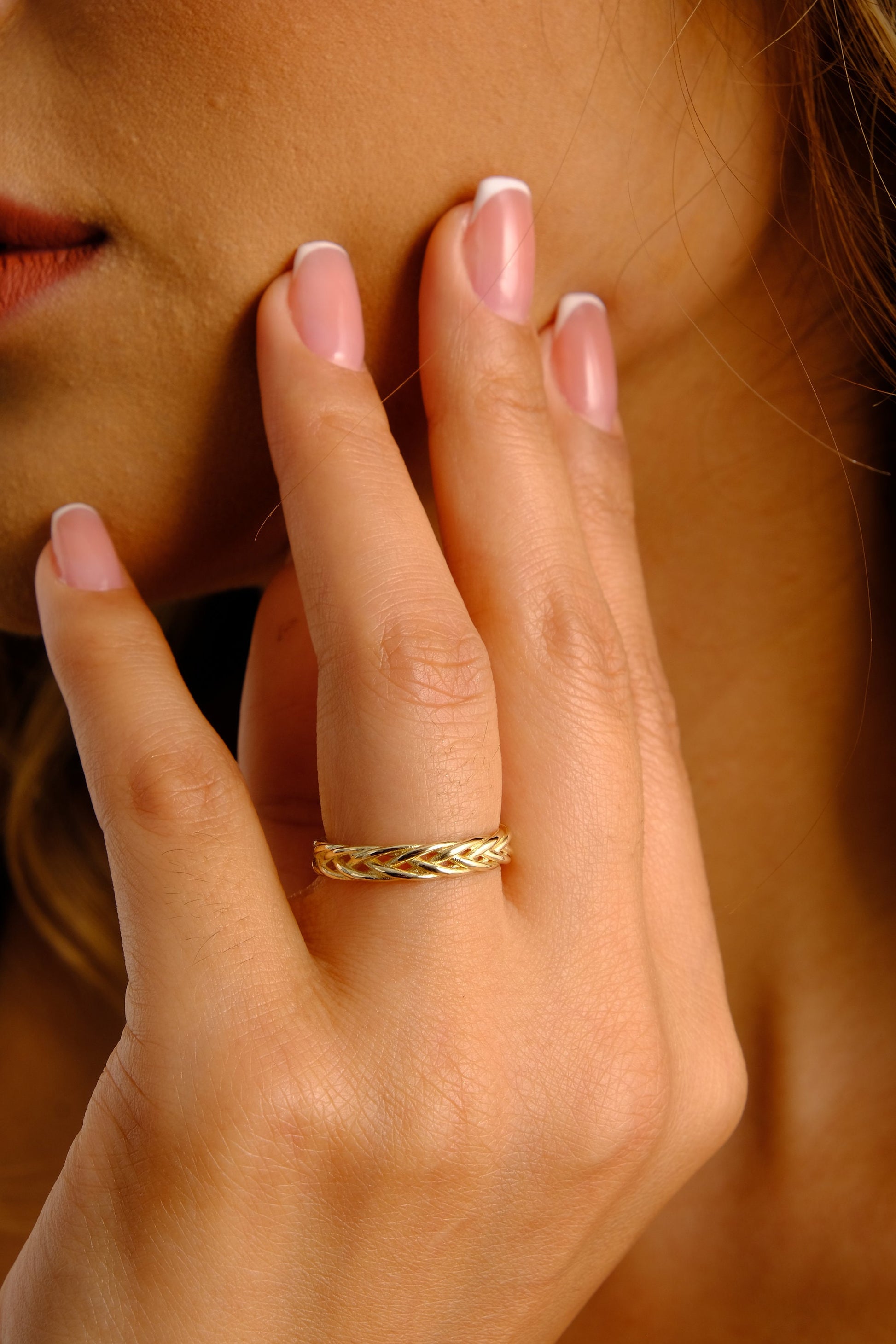 14K Gold Franco Chain Ring, Palm Wheat Foxtail Curb Chain Ring, Palm Wheat Chain Ring, Spiga Chain Ring, Men Women Palm Link Ring