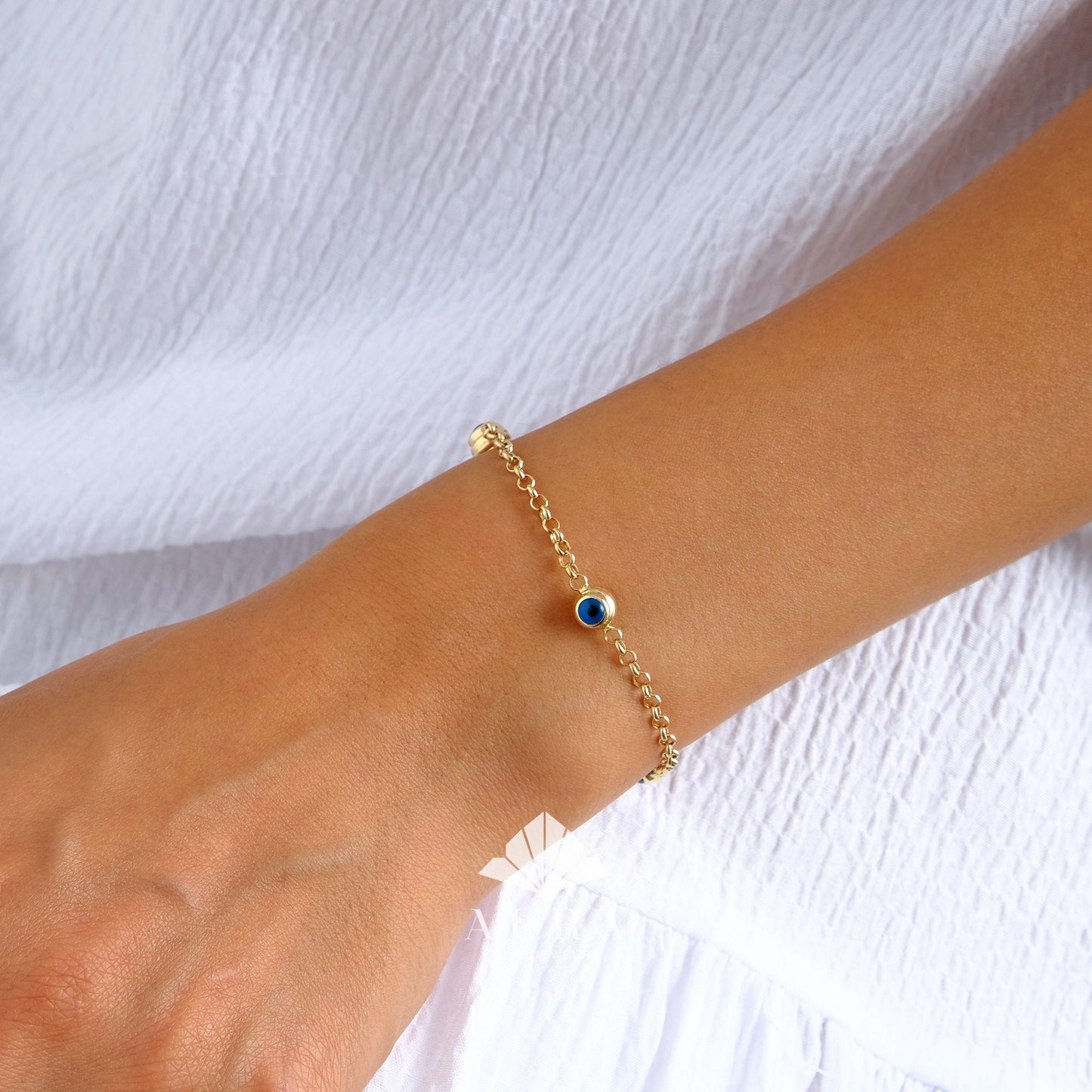 14K Gold Evil Eye Bracelet, Gold Rolo Chain Bracelet, 3 Evil Eye Charm, Evil Eye Station Rolo Chain Bracelet, Protection Jewelry, Birthday