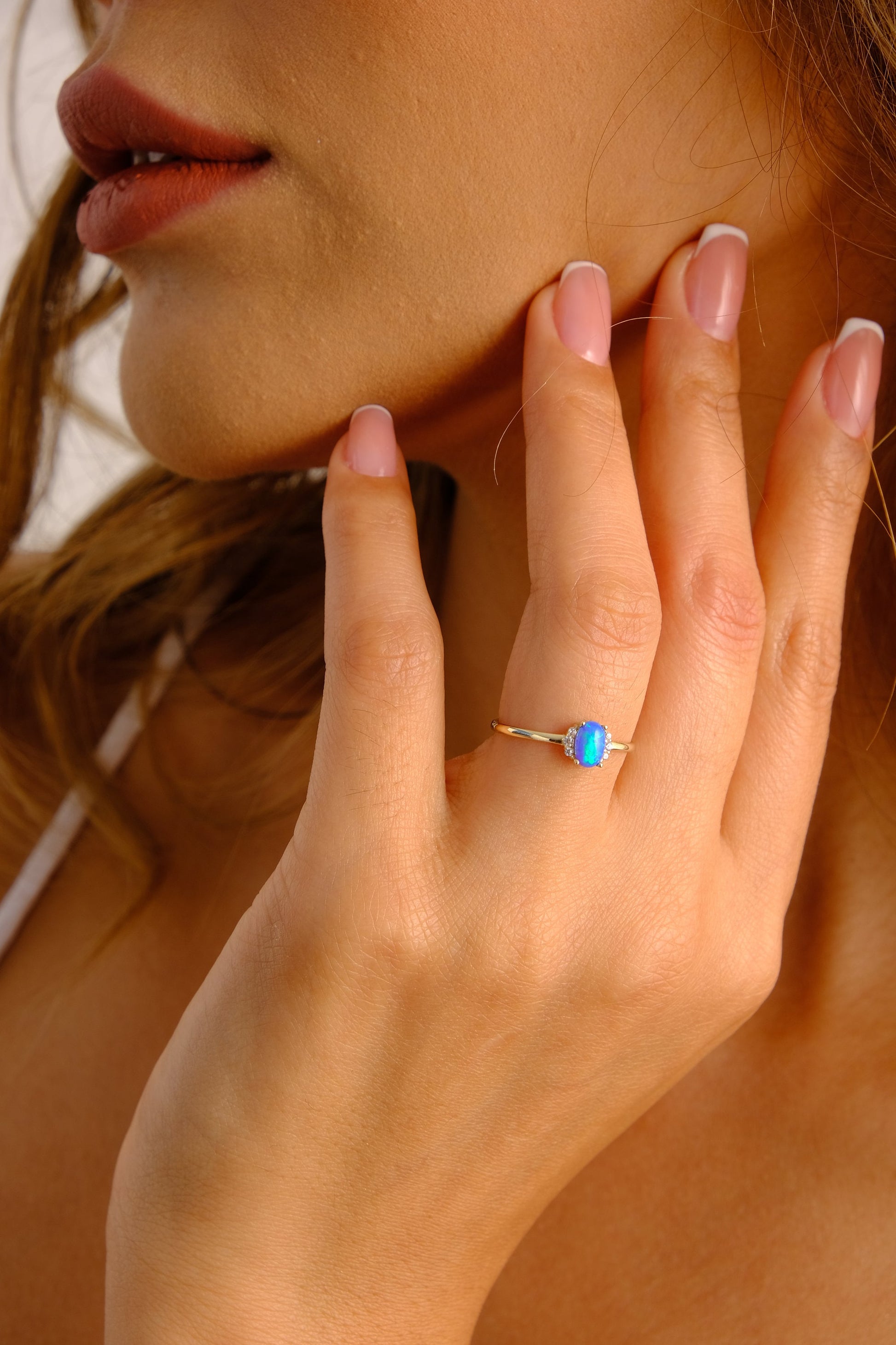 14K Gold Opal Ring, Blue Opal Ring, CZ Diamond Stacking Opal Ring, Dainty Gold Ring, Opal Jewelry, Wedding Engagement Gift
